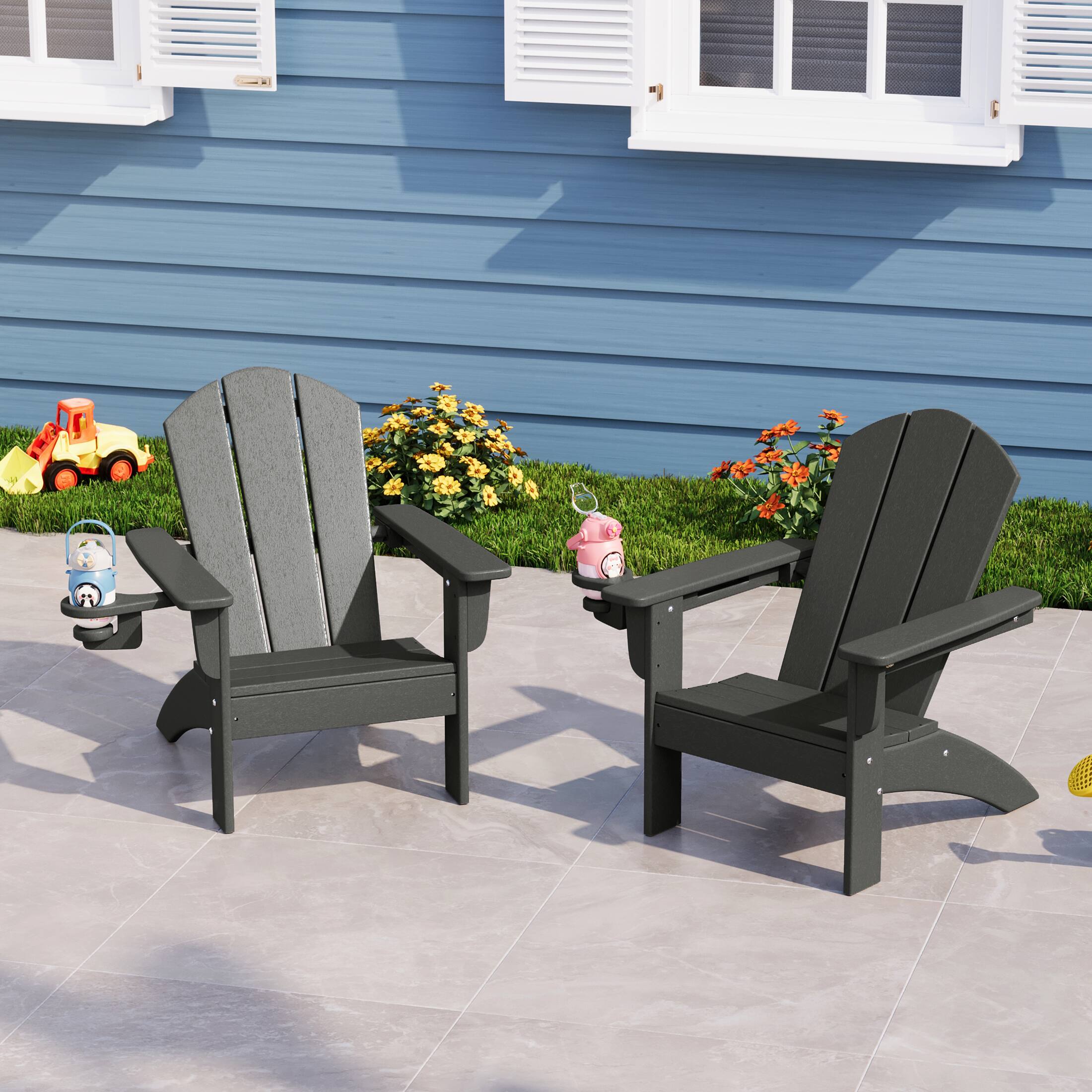Angle. WestinTrends - WestinTrends Malibu Kids Outdoor HDPE Plastic Adirondack Patio Chairs with Cup Holders (Set of 2) - Gray.
