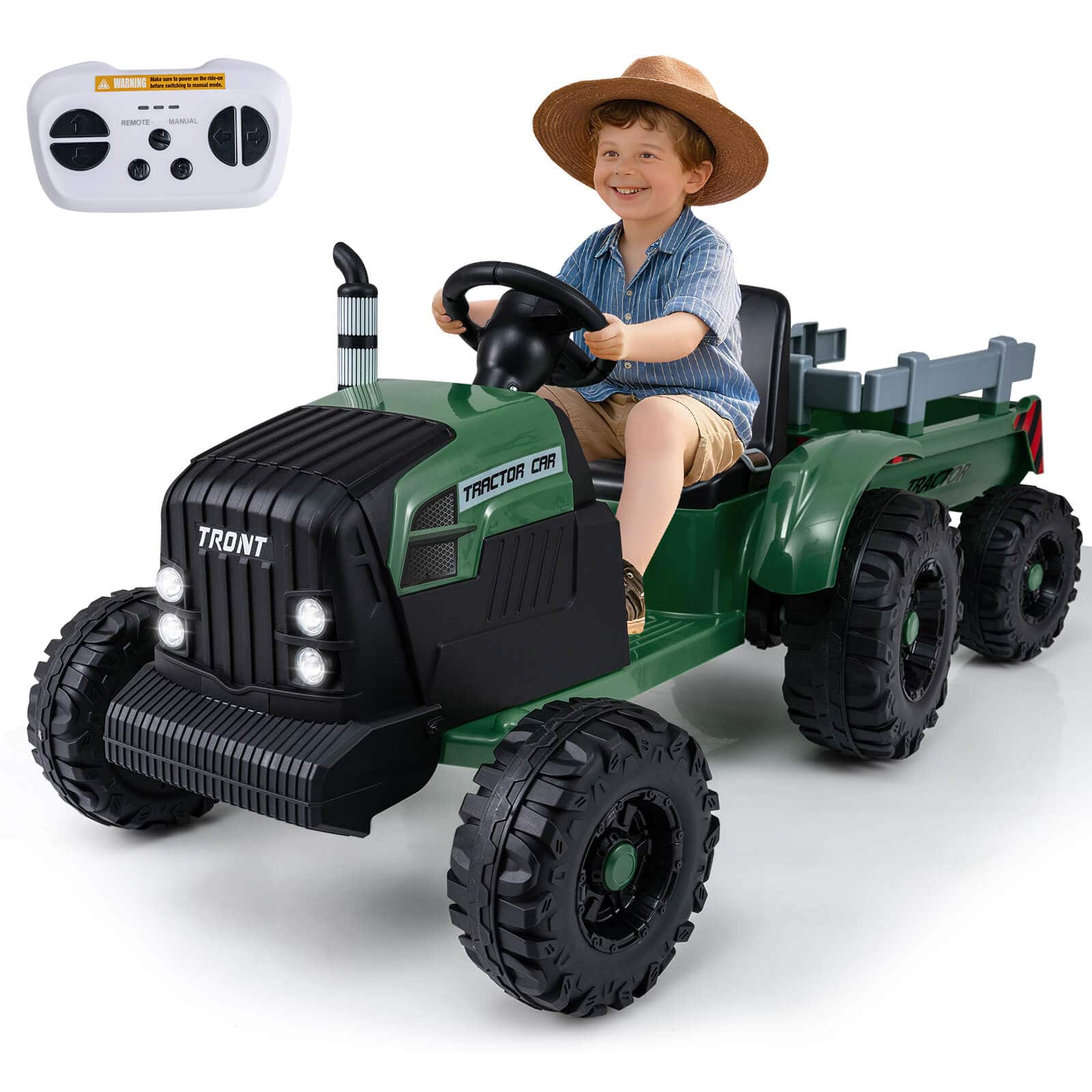 Costway - 24V Ride On Tractor for Kids with Detachable Trailer Remote Control Music - Dark Green