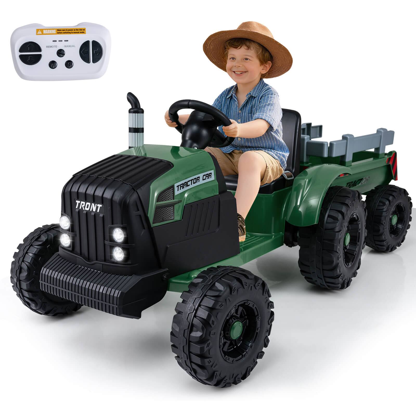 Costway - 24V Ride On Tractor for Kids with Detachable Trailer Remote Control Music - Dark Green