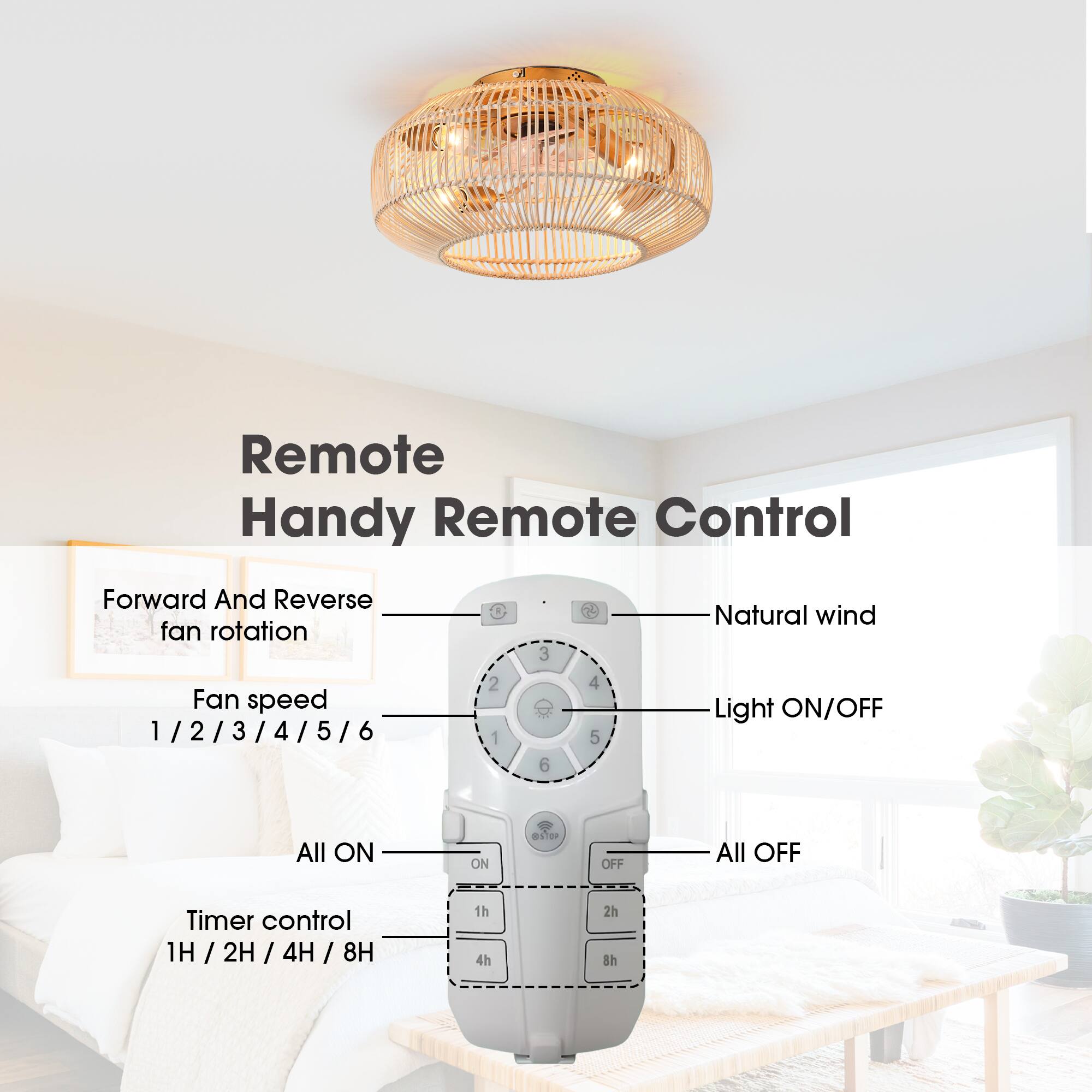 Remote Handy Remote Control  
Forward And Reverse fan rotation  
3 Natural wind  
1 Fan speed / 2 / 3 / 4 / 5 / 6  
2 1 6 4 5  
Light ON/OFF  
All ON ON BSTOP OFF All OFF  
Timer control 1H 1H / 2H / 4H / 8H 1h 4h 2h 8h