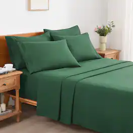 MarCielo - 4/6 Pcs Soft Solid & Embroidery Bed Sheets Set - Dark Green