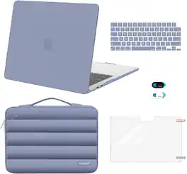 mosiso - Hard Case Set for MacBook Air 13 inch M5 M4 M3 M2 2022-2026 with Puffy Bag&Keyboard Cover&Webcam Cover&Screen Protector - Lavender Gray
