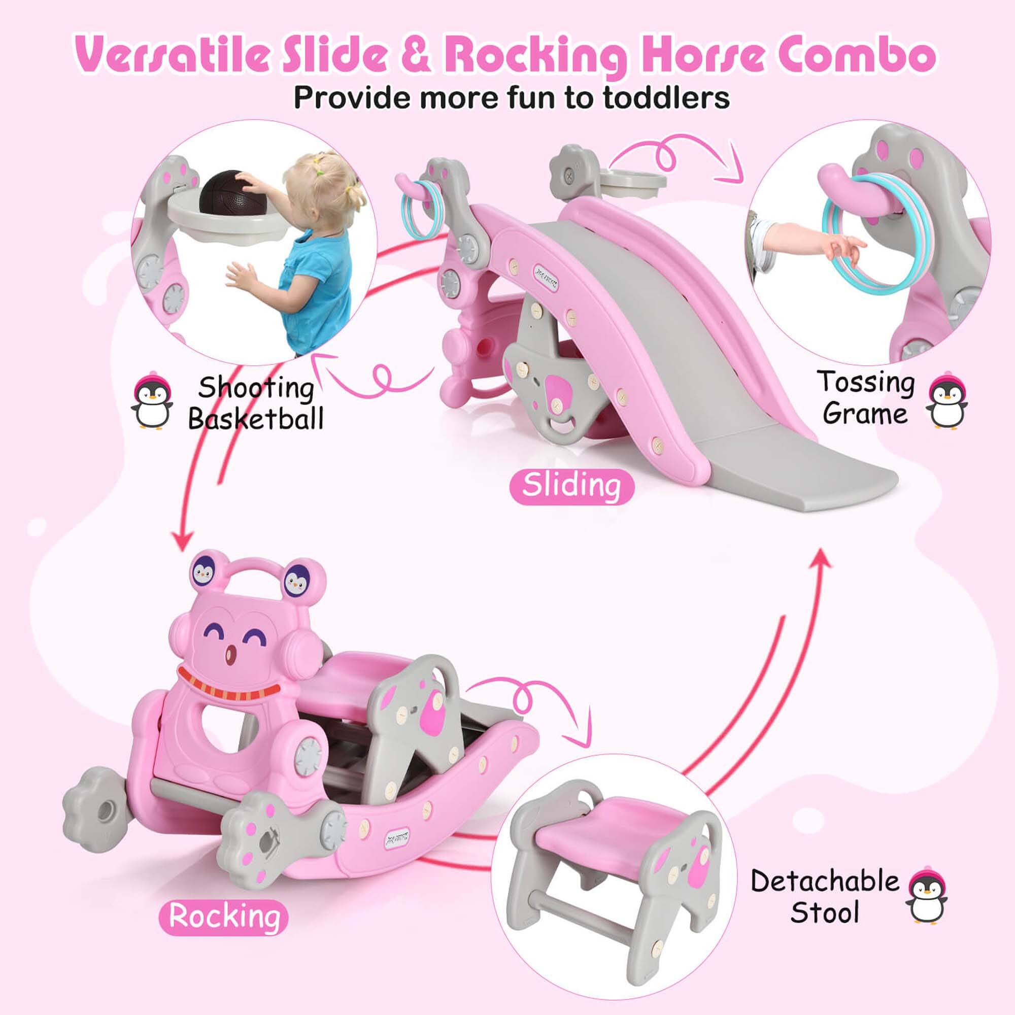 Versatile Slide & Rocking Horse Combo  
Provide more fun to toddlers  

- Shooting Basketball  
- Sliding  
- Rocking  
- Tossing Game  
- Detachable Stool