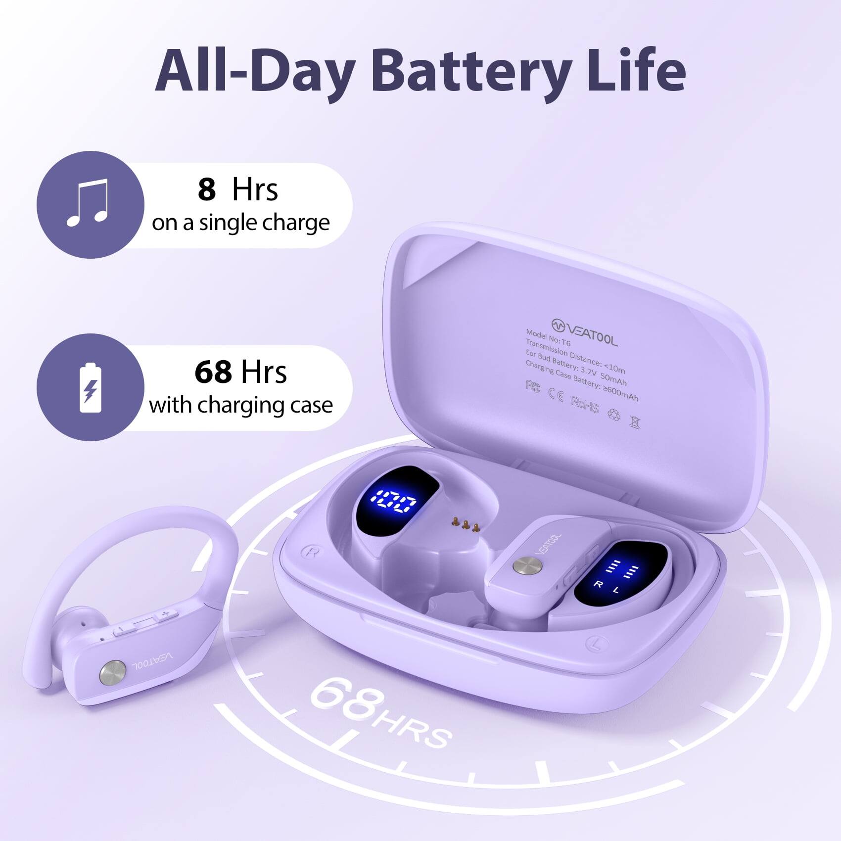 All-Day Battery Life  
8 Hrs on a single charge  
68 Hrs with charging case  

Model: VEATOOL NT  
Transmission: Bluetooth  
Distance: <10m  
Bud Battery: 50mAh  
Charging Case Battery: 2600mAh  
>600m  

CE  
RoHS  

VEATOOL  
68 HRS