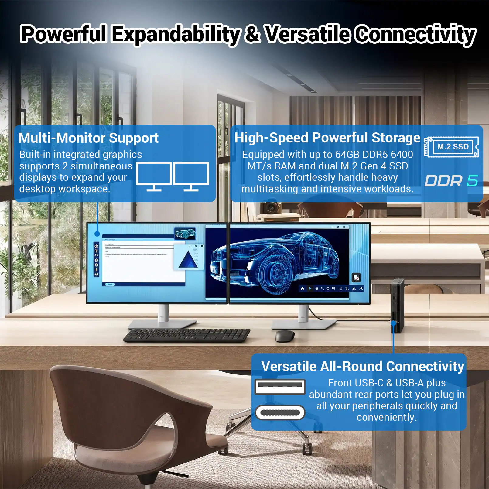 Powerful Expandability & Versatile Connectivity

Multi-Monitor Support
Built-in integrated graphics supports 2 simultaneous displays to expand your desktop workspace.

High-Speed Powerful Storage
Equipped with up to 64GB DDR5 6400 MT/s RAM and dual M.2 Gen 4 SSD slots, effortlessly handle heavy multitasking and intensive workloads.

Versatile All-Round Connectivity
Front USB-C & USB-A plus abundant rear ports let you plug in all your peripherals quickly and conveniently.