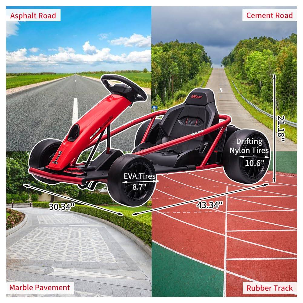 Asphalt Road  
Cement Road  
Marble Pavement  
Rubber Track  

EVA Tires 8.7"  
Drifting Nylon Tires 10.6"  

30.34"  
43.34"  
21.18"