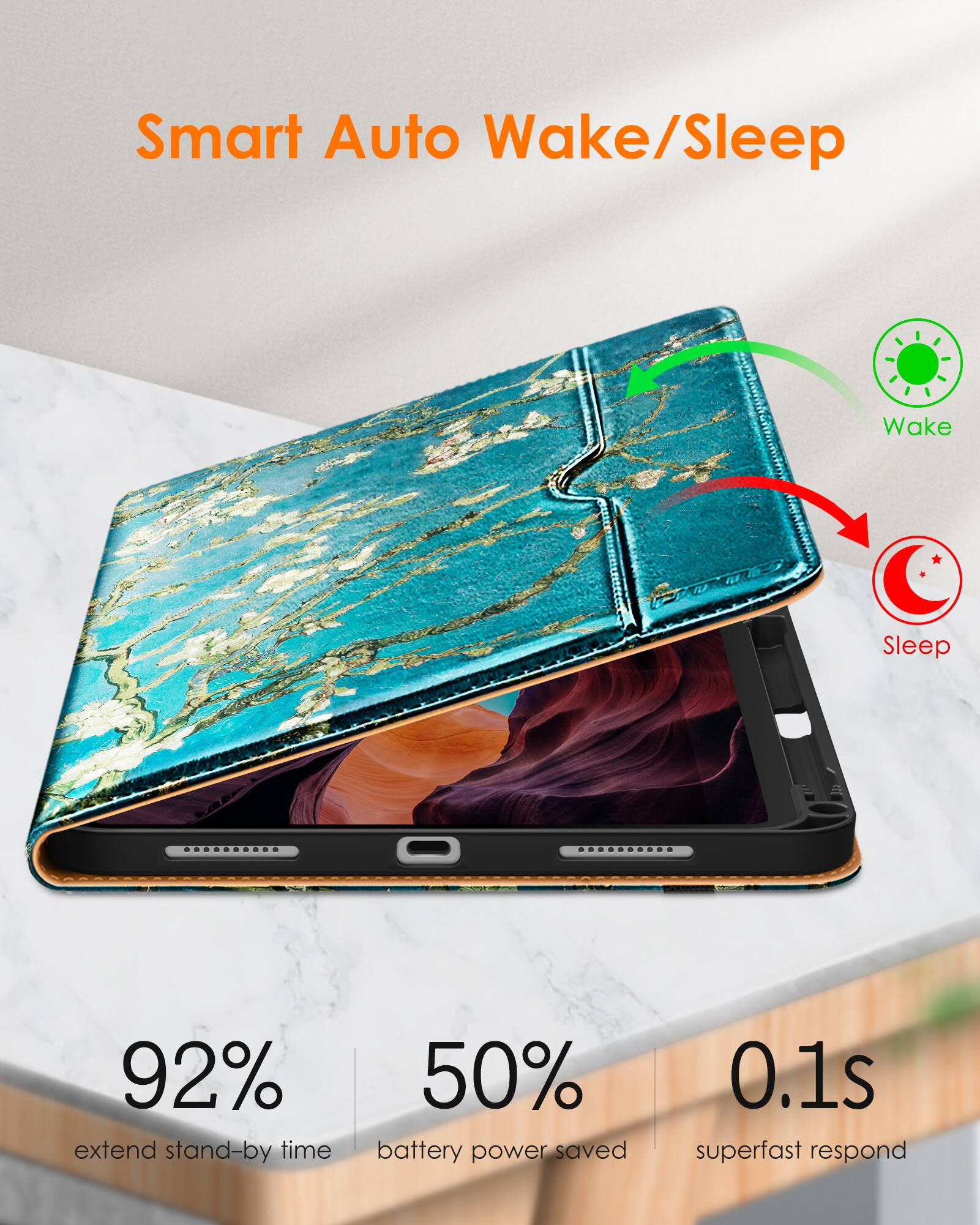 Smart Auto Wake/Sleep

- 92% extend stand-by time
- 50% battery power saved
- 0.1s superfast respond

Wake
Sleep