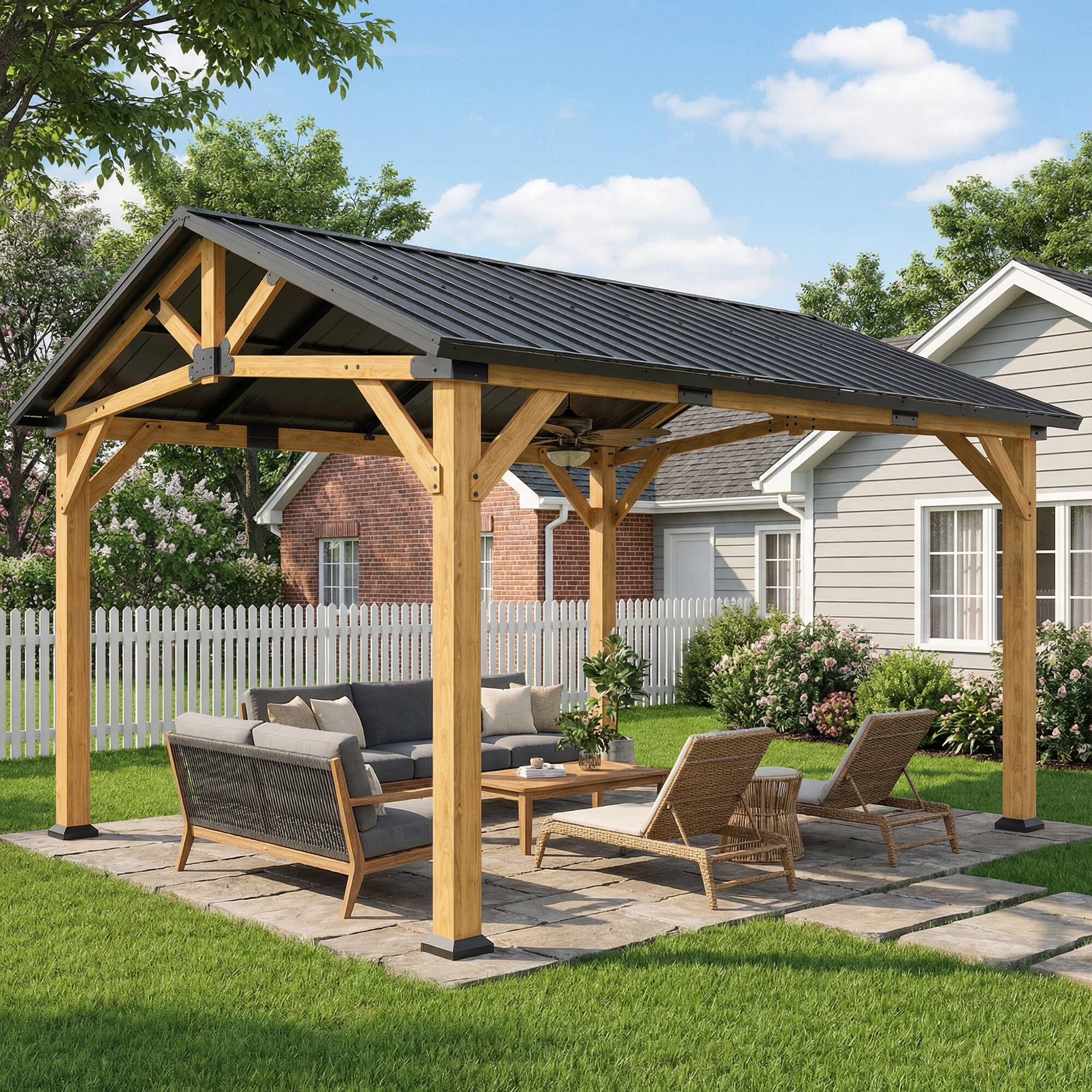 Alt View 1. Outsunny - x 11' Hardtop Gazebo Canopy with Galvanised Metal Roof, Fir Wood Frame and Central Hook for Patio - Black Gray and Natural.