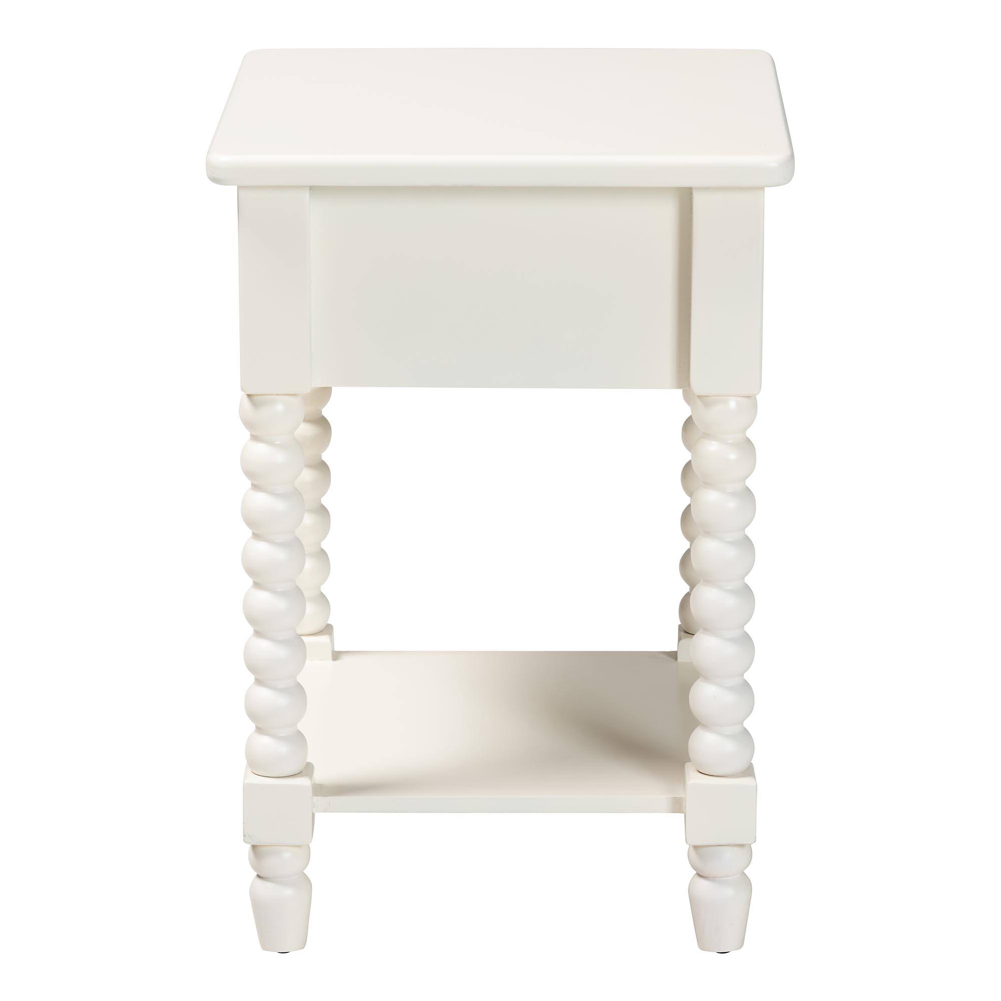 Back. Baxton Studio - Raynera End Table with Bobbin Legs - 1-Drawer Accent Table with Spindle Turned Legs and Open Shelf - White.