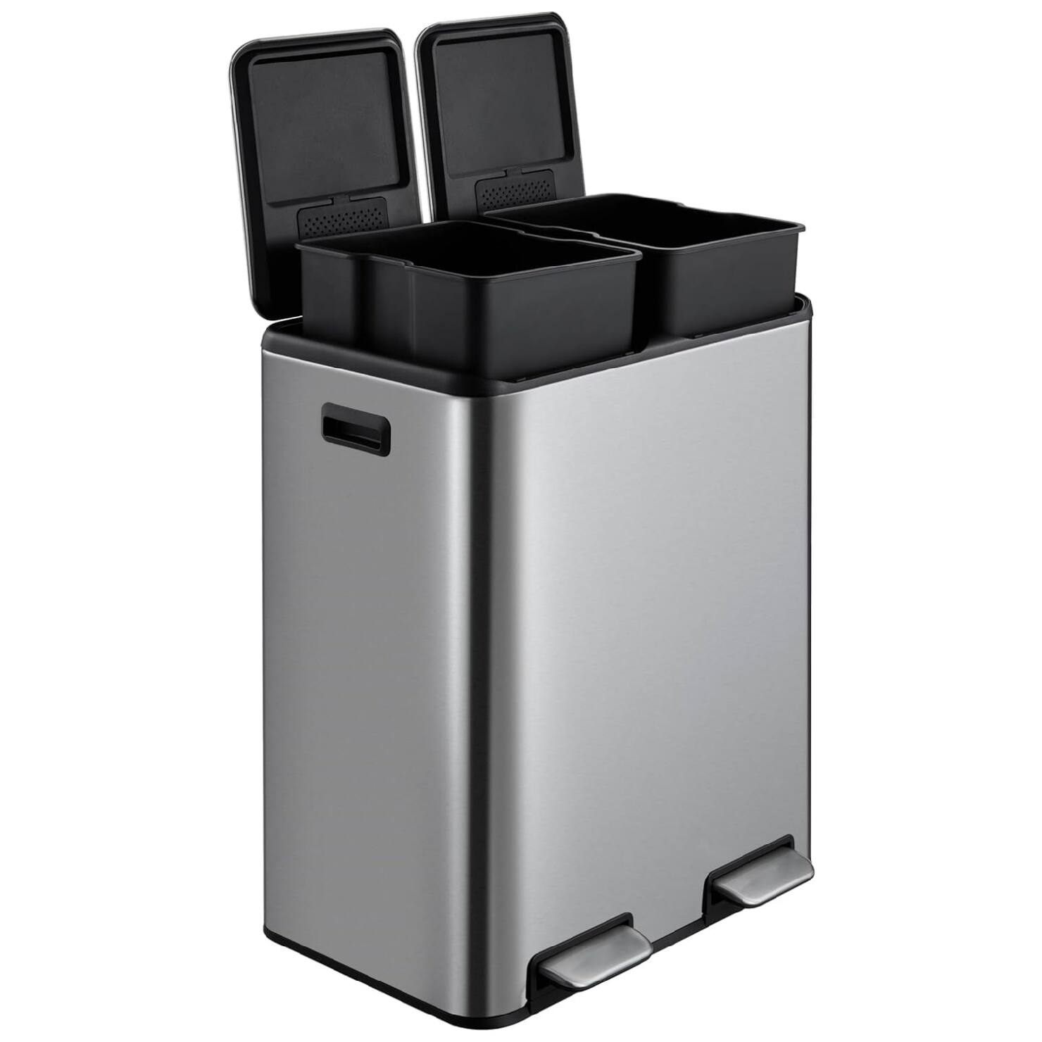 Back. GARVEE - Trash Can with Lid, 60L/16 Gal Pedal Stainless Steel Double Trash Can Kitchen Recycling - Silver.