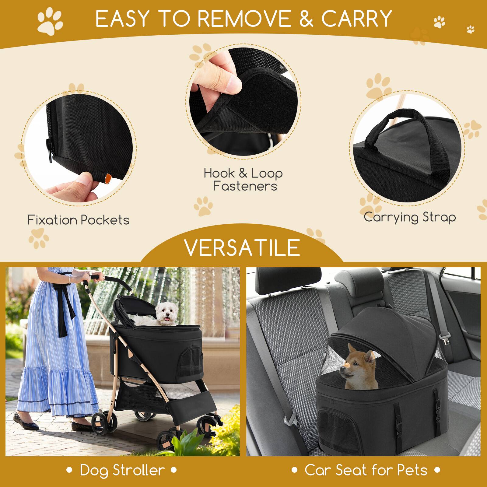 EASY TO REMOVE & CARRY

Fixation Pockets  
Hook & Loop Fasteners  
Carrying Strap

VERSATILE

Dog Stroller  
Car Seat for Pets