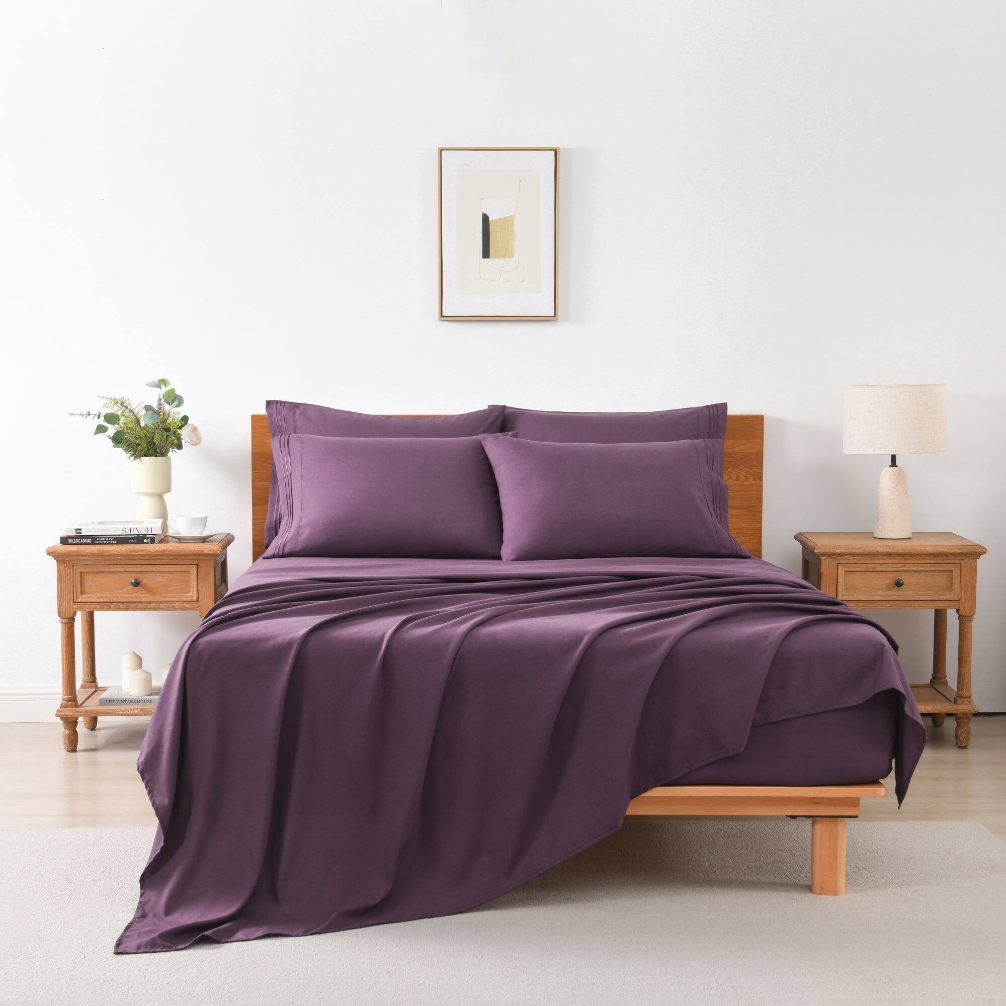 Angle. MarCielo - Marcielo 4/6 Pcs Soft Solid & Embroidery Bed Sheets Set - Dark Purple.