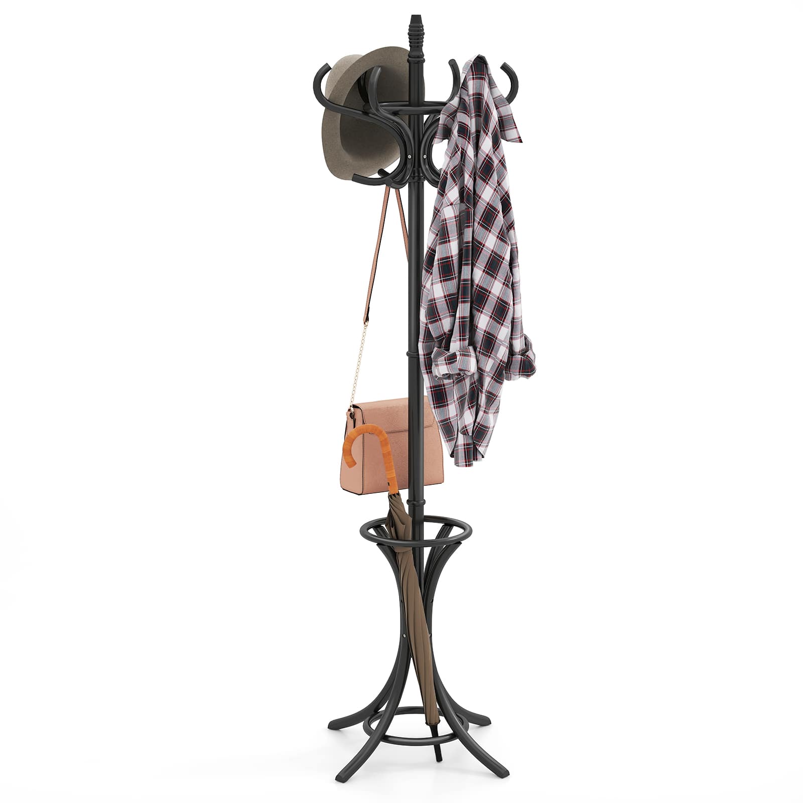 Gymax - 73'' Freestanding Coat Hanger Stand Coat Rack w/ Umbrella Holder & 12 Hooks Oak - Black price history on PriceWatchPro