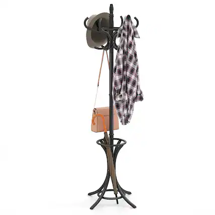 Front. Gymax - Gymax 73'' Freestanding Coat Hanger Stand Coat Rack w/ Umbrella Holder & 12 Hooks Oak - Black.