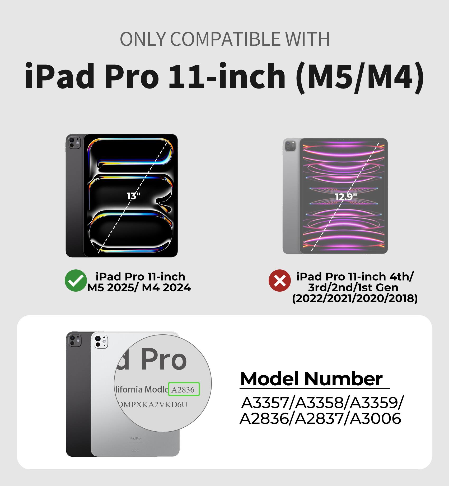 ONLY COMPATIBLE WITH  
iPad Pro 11-inch (M5/M4)  
13" 12.9" iPad Pro 11-inch M5 2025/ M4 2024  
iPad Pro 11-inch 4th/ 3rd/2nd/1st Gen 2022/2021/2020/2018  

Model Number  
A3357/A3358/A3359/  
A2836/A2837/A3006  

California Model A2836  
OMPXKA2VKD6U