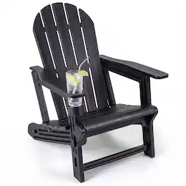 Gymax - Adirondack Chair HDPE All-Weather Fire Pit Chair w/Cup Holder & Wooden Texture - Black