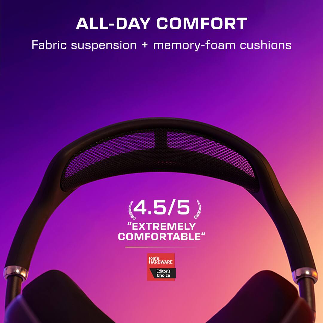 ALL-DAY COMFORT  
Fabric suspension + memory-foam cushions  

4.5/5 "EXTREMELY COMFORTABLE"  

tom's HARDWARE  
Editor's Choice