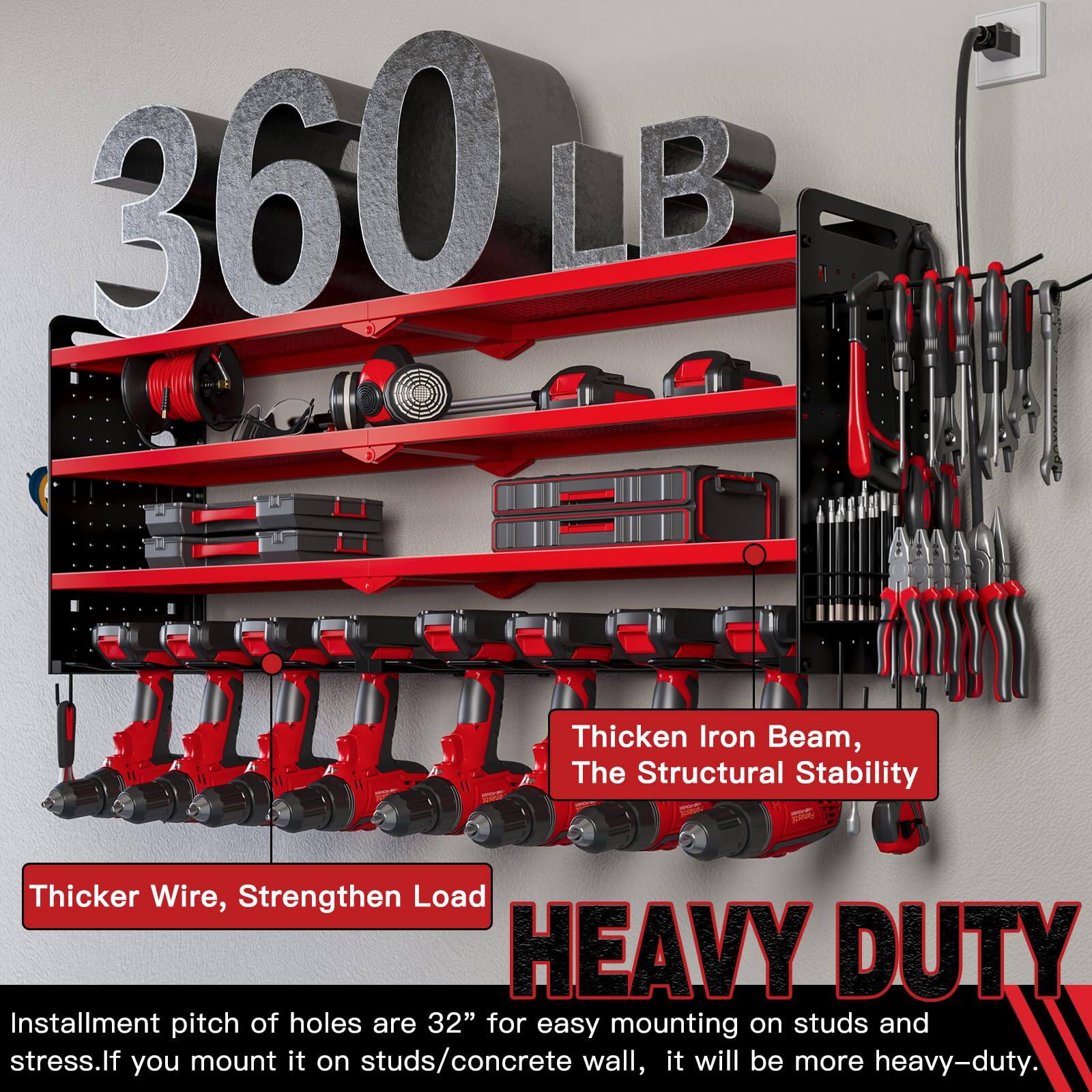 360 LB Thicken Iron Beam, The Structural Stability Thicker Wire, Strengthen Load HEAVY DUTY

Installment pitch of holes are 32" for easy mounting on studs and stress. If you mount it on studs/concrete wall, it will be more heavy-duty.