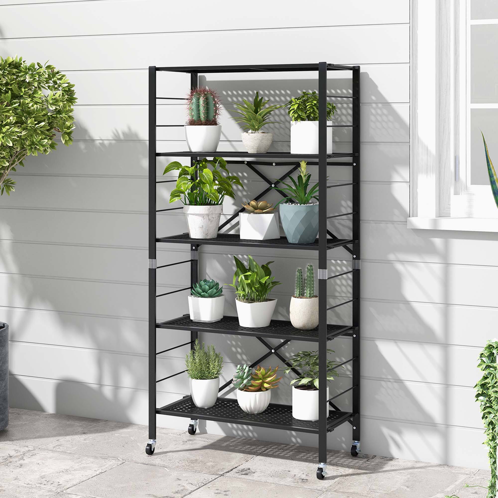 Alt View 1. Costway - Costway 5-Tier Foldable Storage Shelves Adjustable Collapsible Organizer Rack with Wheels - Black.
