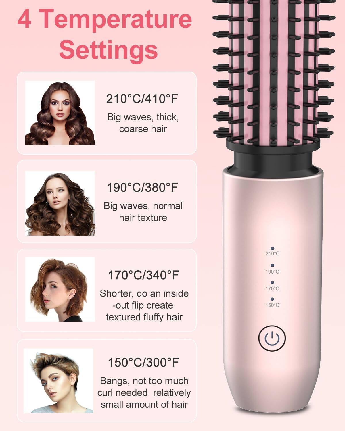 4 Temperature Settings

210°C/410°F  
Big waves, thick, coarse hair

190°C/380°F  
Big waves, normal hair texture

170°C/340°F  
Shorter, do an inside-out flip create textured fluffy hair

150°C/300°F  
Bangs, not too much curl needed, relatively small amount of hair