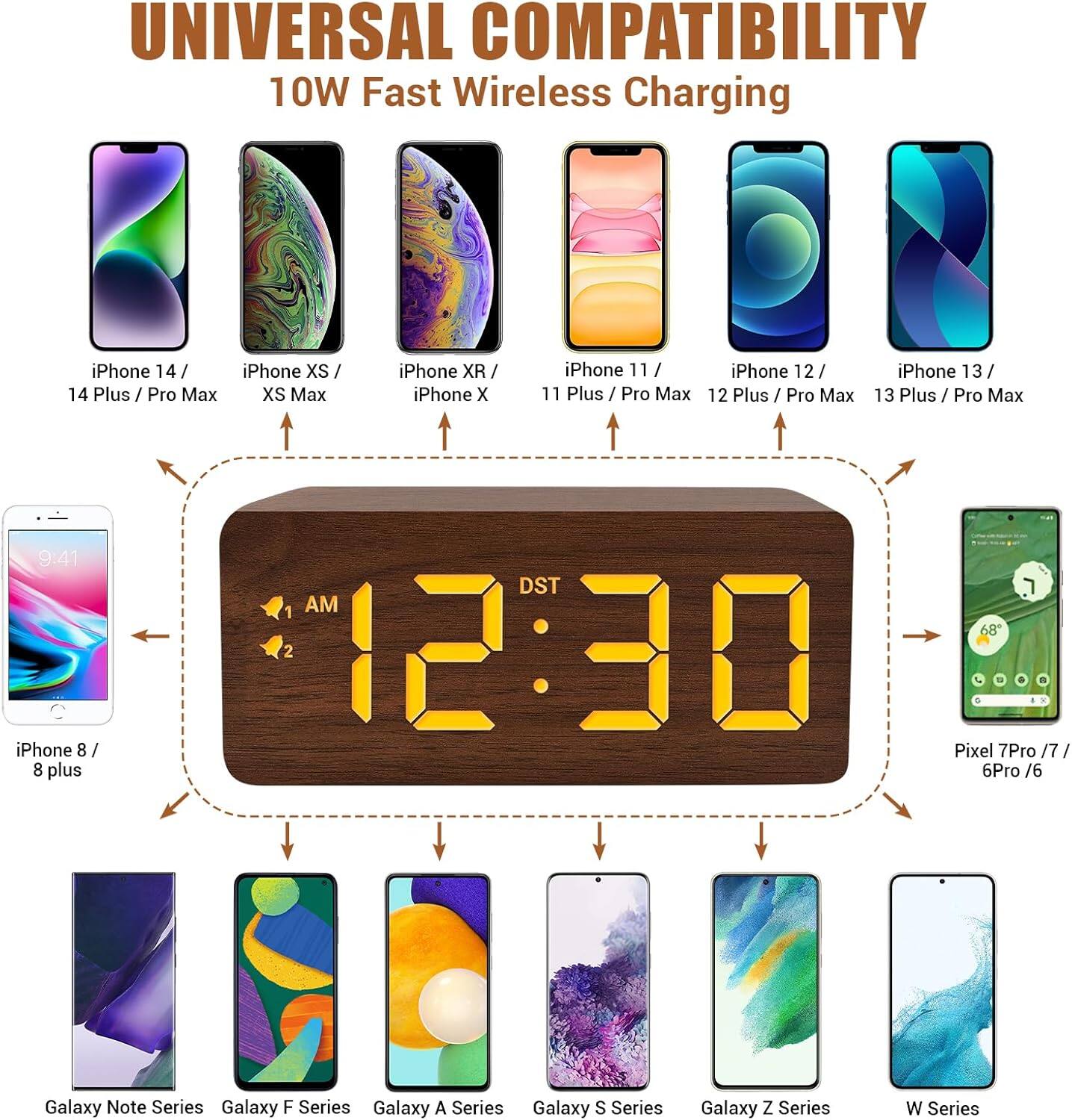 UNIVERSAL COMPATIBILITY  
10W Fast Wireless Charging

- iPhone 14 / 14 Plus / Pro Max
- iPhone XS / XS Max
- iPhone XR / iPhone X
- iPhone 11 / 11 Plus / Pro Max
- iPhone 12 / 12 Plus / Pro Max
- iPhone 13 / 13 Plus / Pro Max
- iPhone 8 / 8 Plus
- Pixel 7 Pro / 7 / 6 Pro / 6
- Galaxy Note Series
- Galaxy F Series
- Galaxy A Series
- Galaxy S Series
- Galaxy Z Series
- W Series