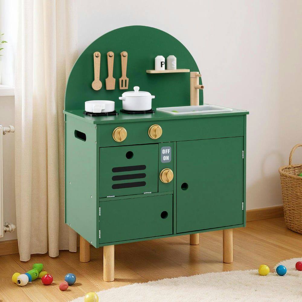 Alt View 3. Resenkos - Kids Wooden Play Kitchen with Stove, Sink, Microwave & Oven - Pretend Set - Green.