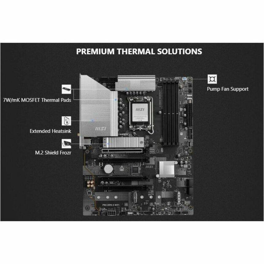 PREMIUM THERMAL SOLUTIONS  
- Pump Fan Support  
- 7W/mK MOSFET Thermal Pads  
- Extended Heatsink  
- M.2 Shield Frozr  
- PRO 2990-WIFI