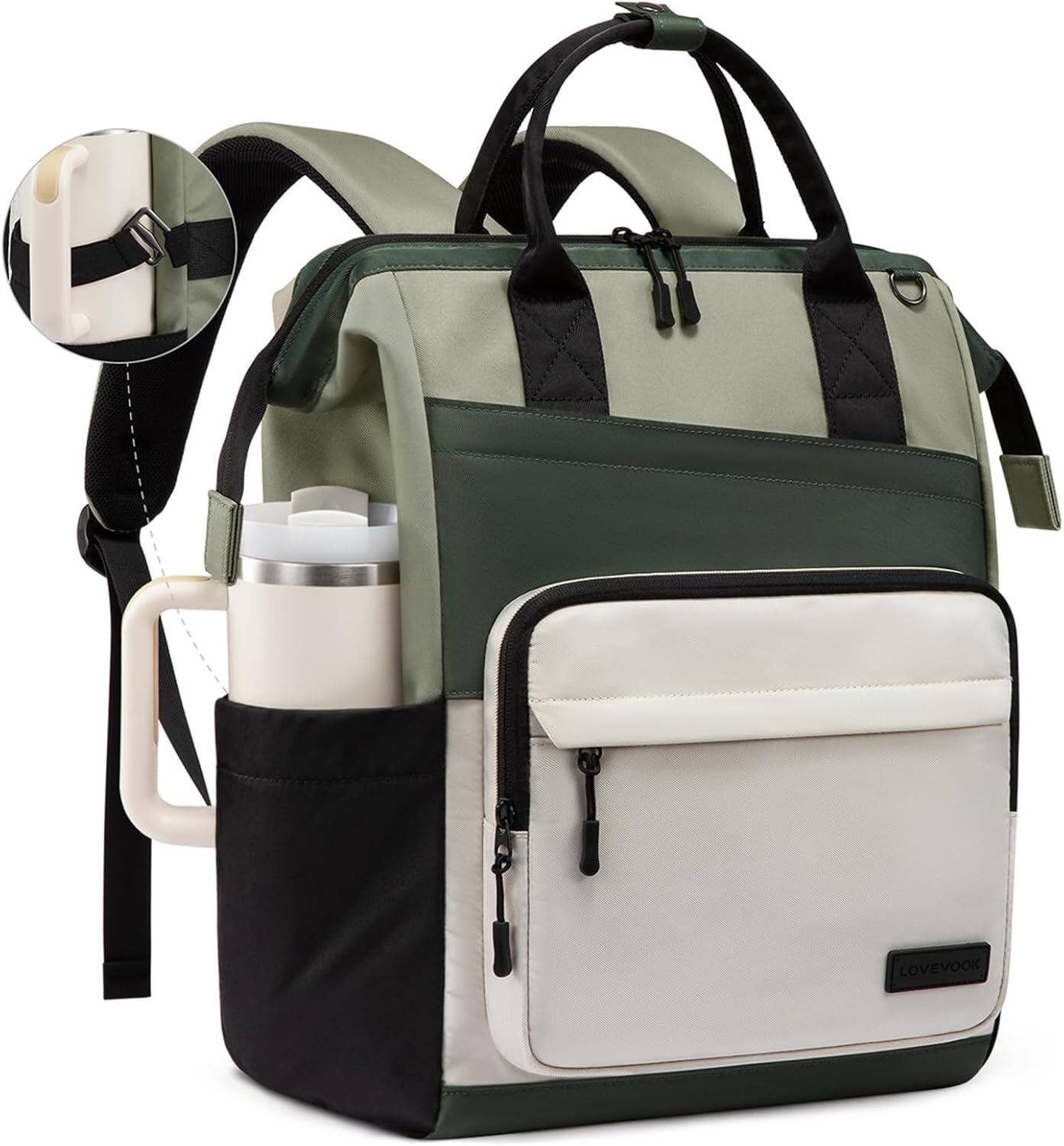 Front. Vulpecula Spade - Laptop Backpack for Women, 15.6 Inch Travel Backpack for Work College Business - Olive-beige-black.