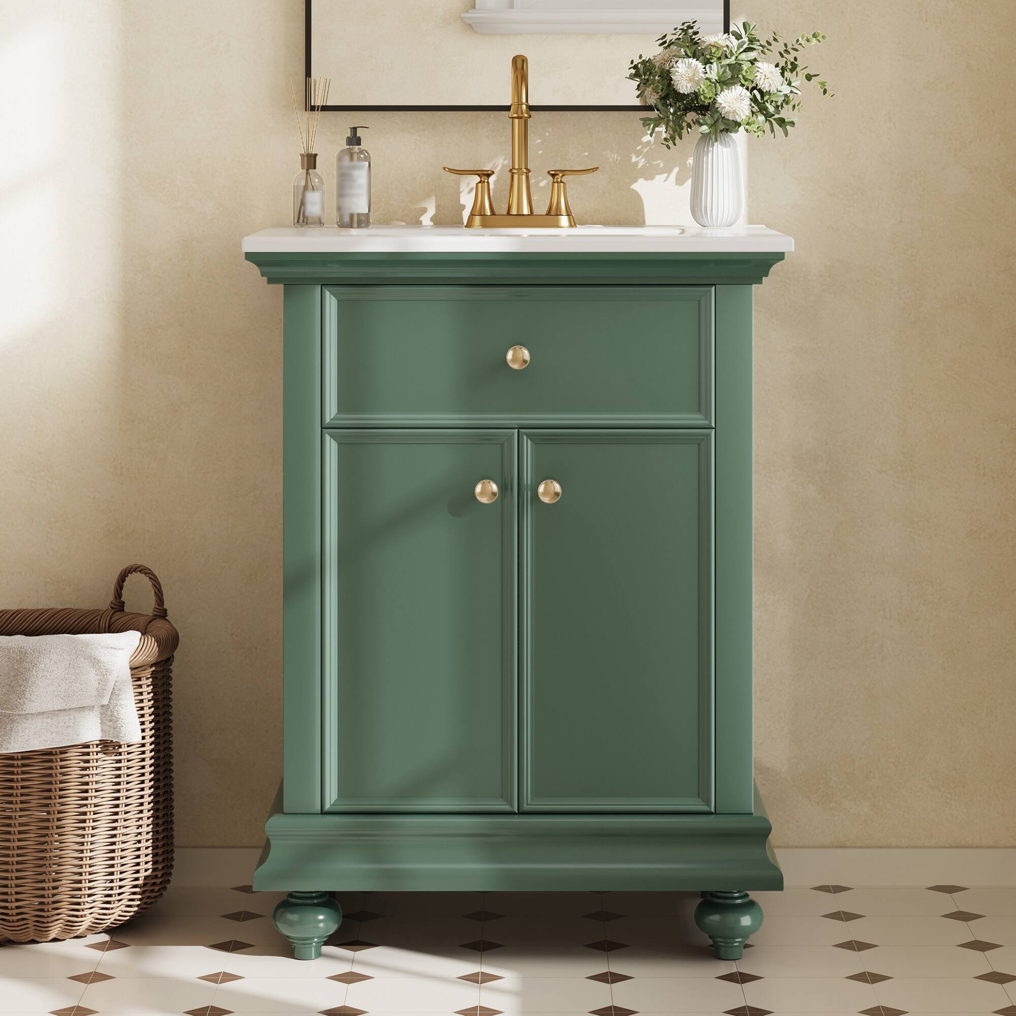 Angle. Whisen - 24" Modern Bathroom Vanity Cabinet with Sink Tip-Out Soft-Close Hinges Back Open Ball-Turned Legs - Green.