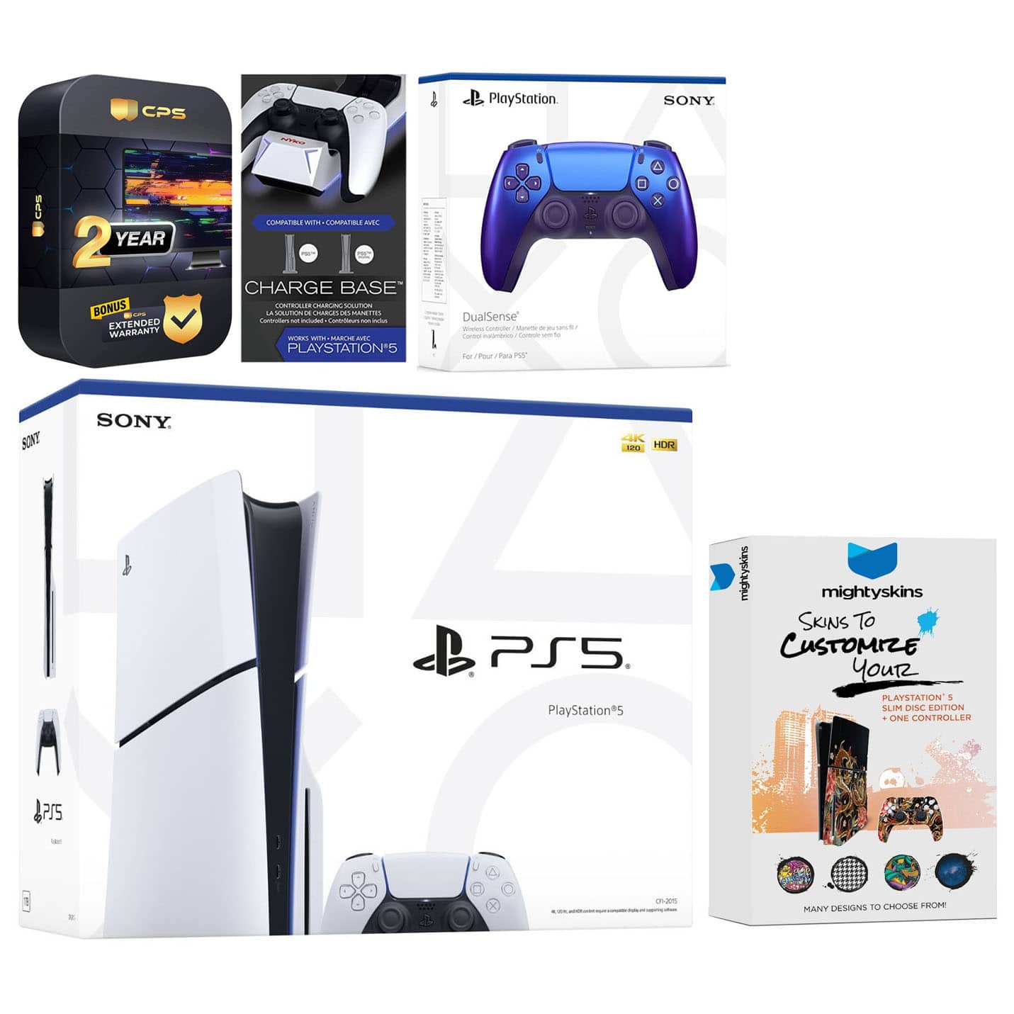 CPS  
2 YEAR BONUS EXTENDED WARRANTY  
CHARGE BASE  
COMPATIBLE WITH COMPATIBLE AEC  
PLAYSTATION®5  

SONY  
PS5  
PlayStation®5  

SONY  
PS5  
PlayStation®5  

mightyskins  
SKINS TO CUSTOMIZE YOUR  
PLAYSTATION®5 SLIM DISC EDITION + ONE CONTROLLER  
MANY DESIGNS TO CHOOSE FROM  

DualSense  
Compatible with PlayStation®5  

4K  
HDR  
100