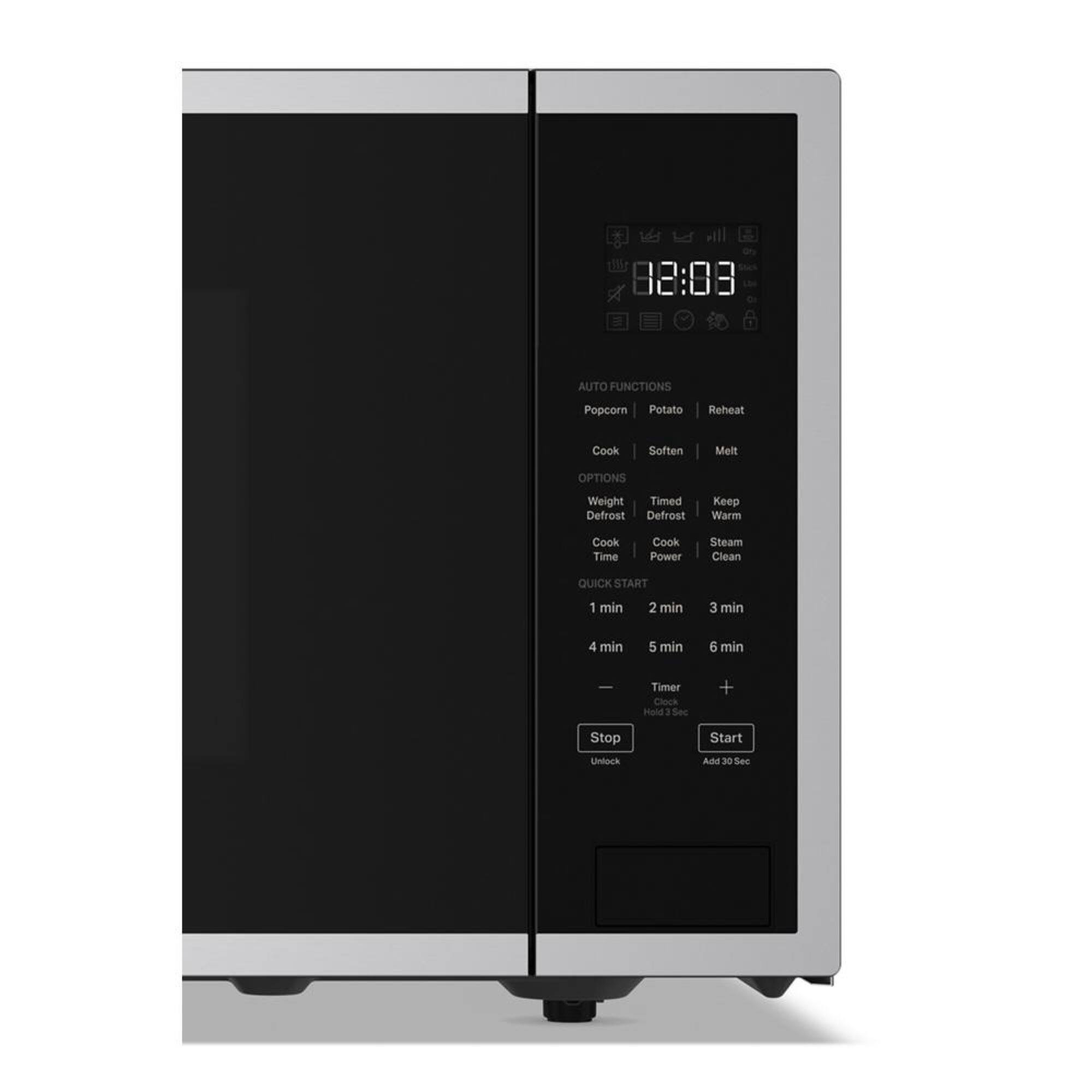 The image shows a microwave with a digital clock displaying the time of 88:08. The microwave has various options for cooking and defrosting, including popcorn, potato, reheat, cook, soften, and defrost. Additionally, the microwave features a timer and clock, allowing users to set cooking times and keep track of the time elapsed during the cooking process. The microwave also has a quick start function, which can be used to quickly heat up food. The image also shows the microwave's various settings, such as weight, cook time, cook power, and steam clean.