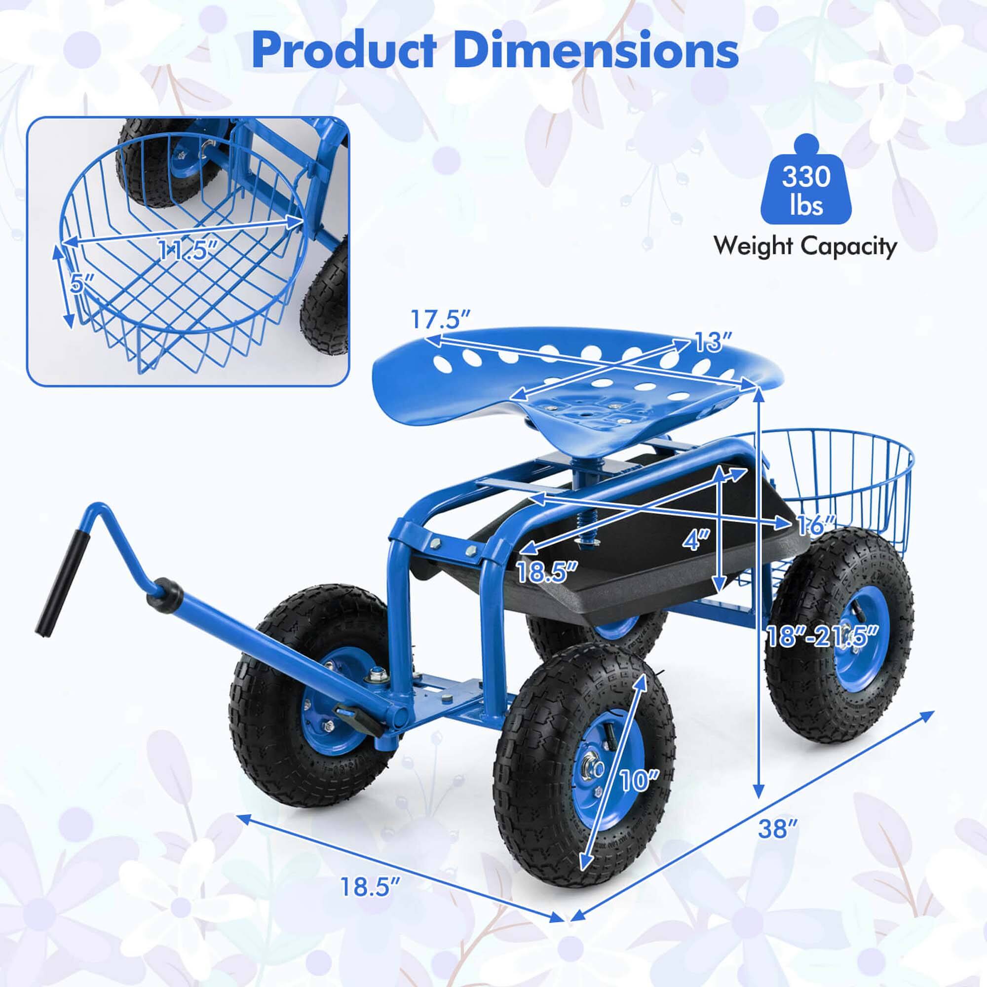Product Dimensions: 5" x 11.5" x 17.5"  
Weight Capacity: 330 lbs  
Dimensions: 13" x 18.5" x 4" x 18.5" x 10" x 16" x 18" x 21.5" x 38"