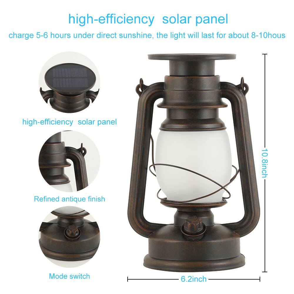 high-efficiency solar panel charge 5-6 hours under direct sunshine, the light will last for about 8-10 hours high-efficiency solar panel Refined antique finish 10.8inch Mode switch 6.2inch