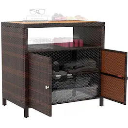 Outsunny - Wicker Outdoor Storage Cabinet, Rattan Outdoor Bar Table with Acacia Wood Countertop, 2 Doors and Shelf - Brown