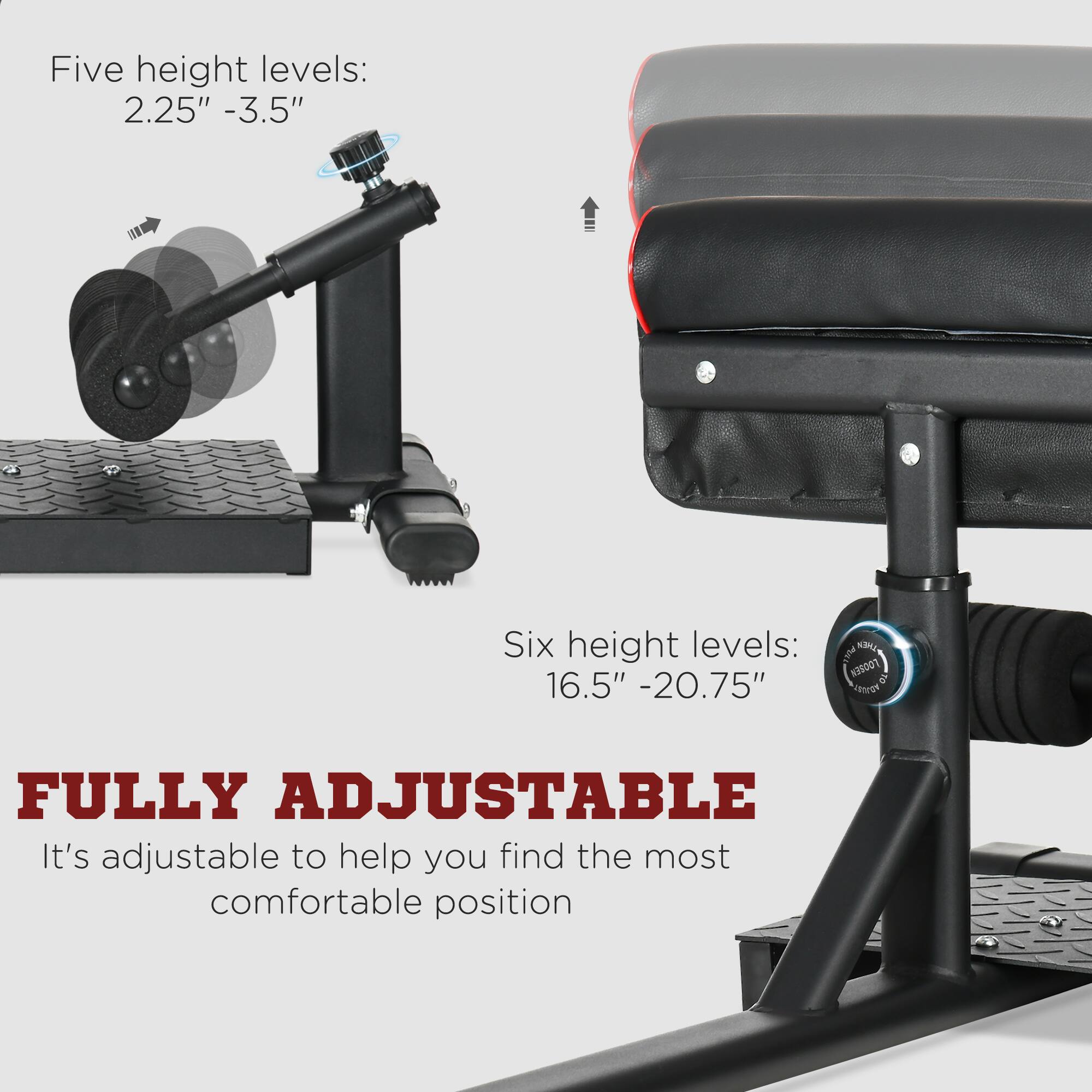 Five height levels:  
2.25" - 3.5"  

Six height levels:  
16.5" - 20.75"  

FULLY ADJUSTABLE  
It's adjustable to help you find the most comfortable position