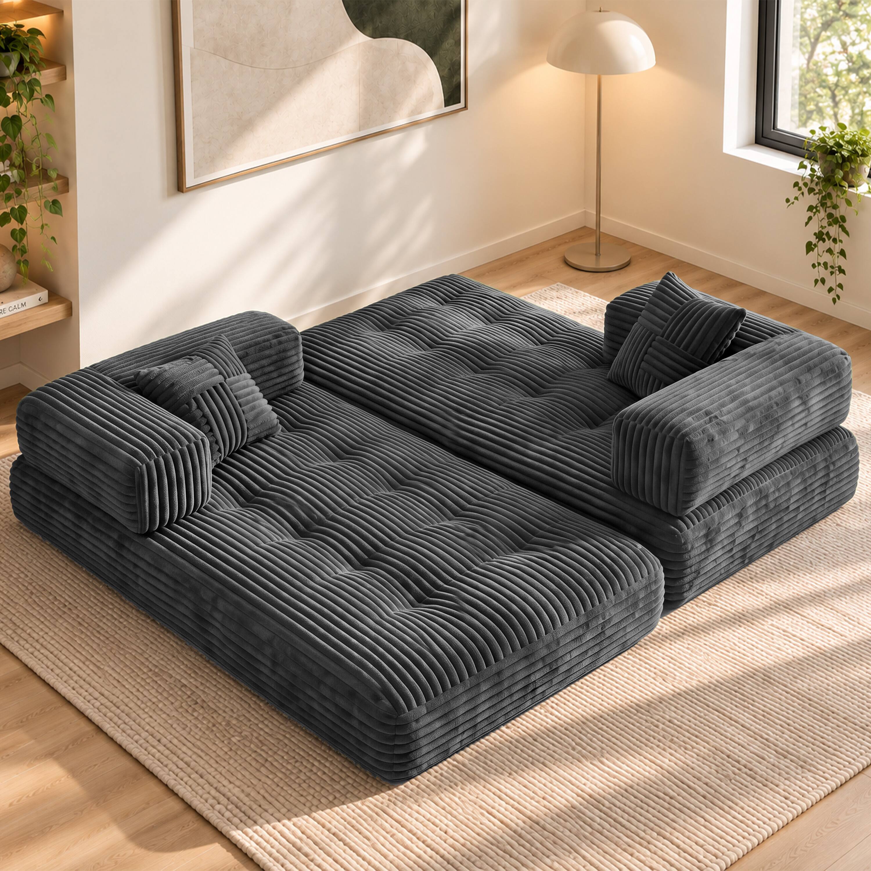 Alt View 1. Vipbear - 78.7" Folding Boneless Couch with Fixed-Shape Frame, Corduroy Floor Sofa Loveseat Sleeper - Gray.