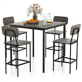 Costway - 5-Piece Industrial Dining Table Set with Counter Height Table & 4 Bar Stools Grey - Gray