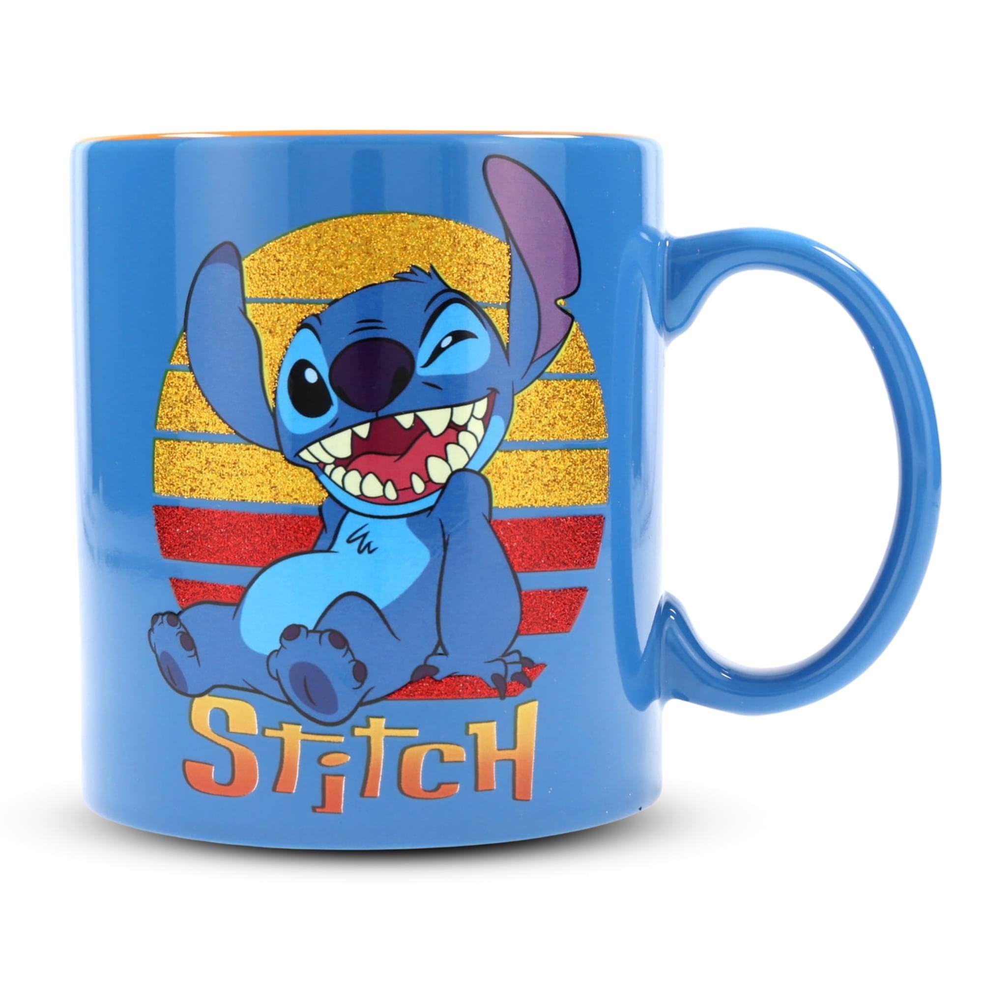 Front. Silver Buffalo - Disney Lilo & Stitch Sunset Ceramic Glitter Mug | Holds 20 Ounces - Blue.