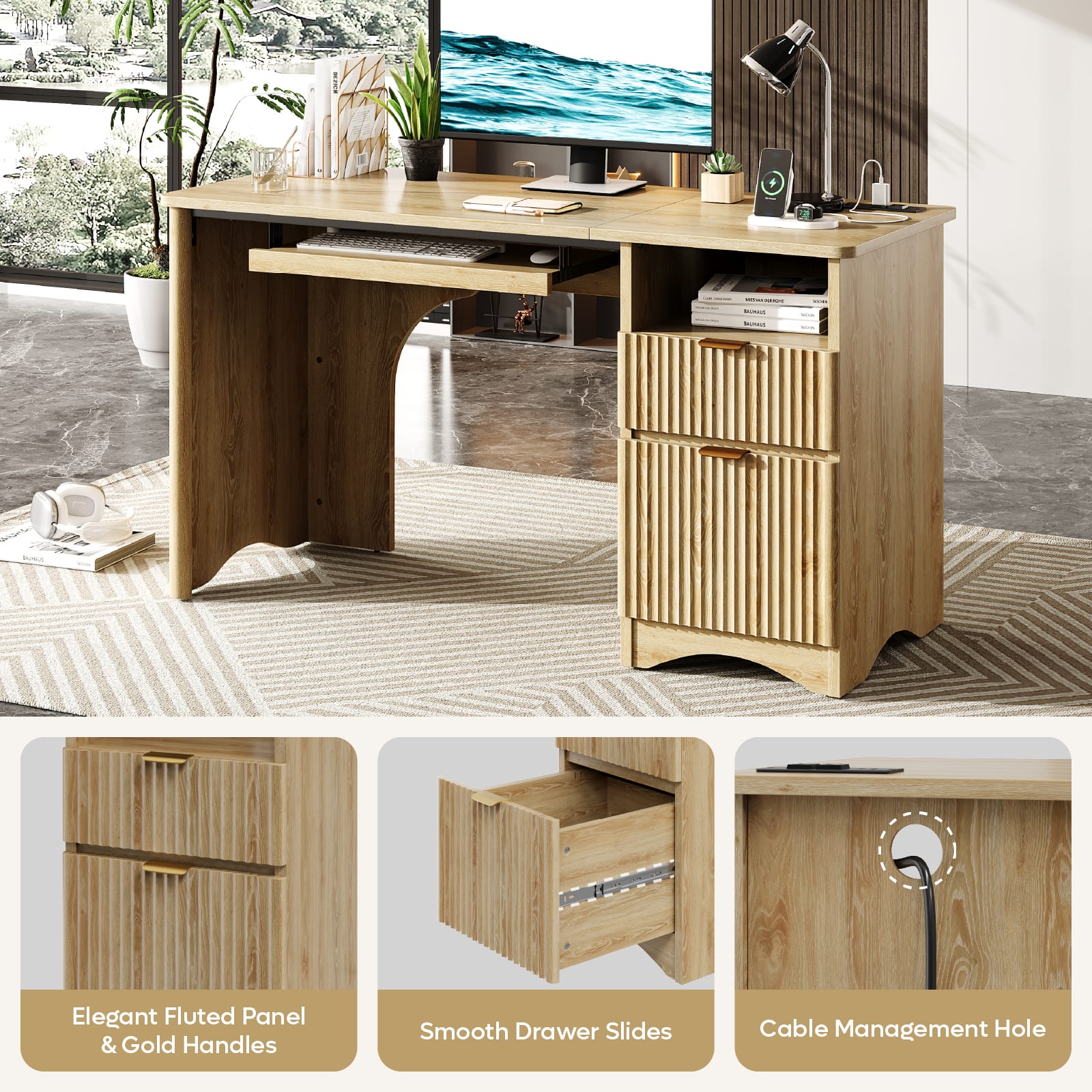 The image features a wooden desk with a keyboard and a monitor on it. The desk is accompanied by a chair and a potted plant. There are also several books placed on the desk, and a TV is mounted on the wall above the desk. The desk is well-organized and functional, making it an ideal workspace.