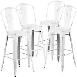 Emma + Oliver - Commercial Grade 4 Pack 30" High Distressed Metal Indoor-Outdoor Barstool with Back - White