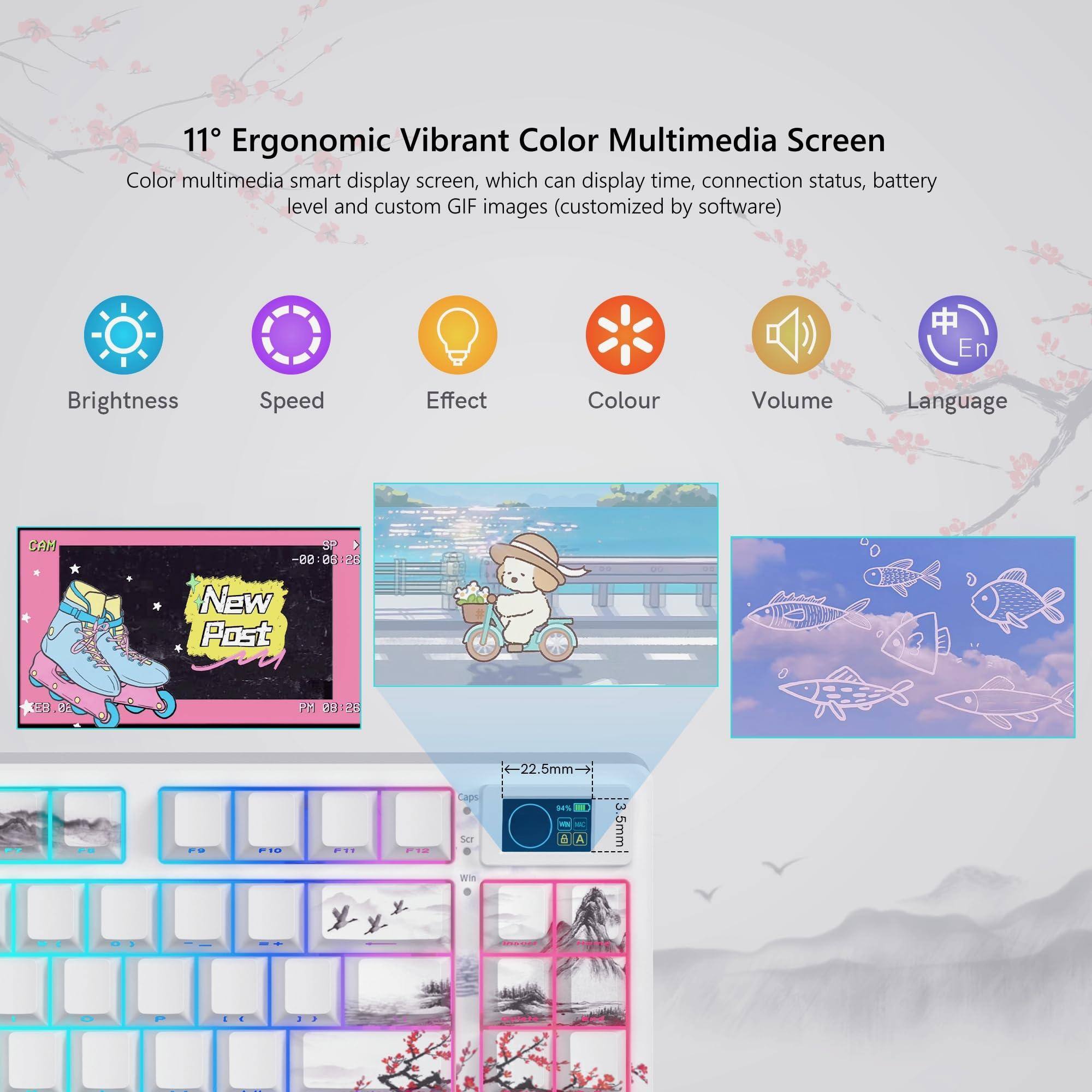 11° Ergonomic Vibrant Color Multimedia Screen  
Color multimedia smart display screen, which can display time, connection status, battery level and custom GIF images (customized by software)  

Brightness  
Speed  
Effect  
Colour  
Volume  
Language  

New Post  
PM 09:28  

-22.5mm  
Capa  
Scr  
Win  

3.5mm