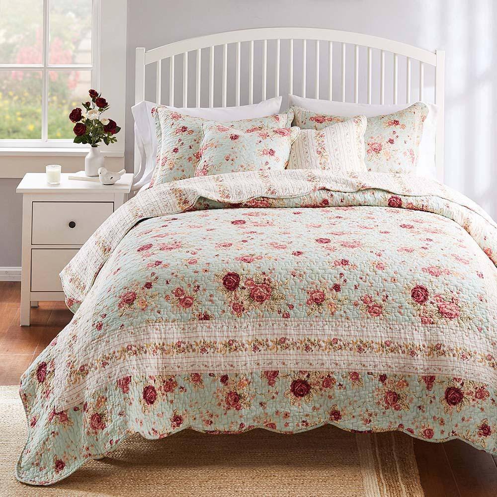 Front. Greenland Home Fashions - Greenland Home Antique Rose Floral Print Decorative High Quality Quilt Set 5-Piece King/California King Blue - Blue.