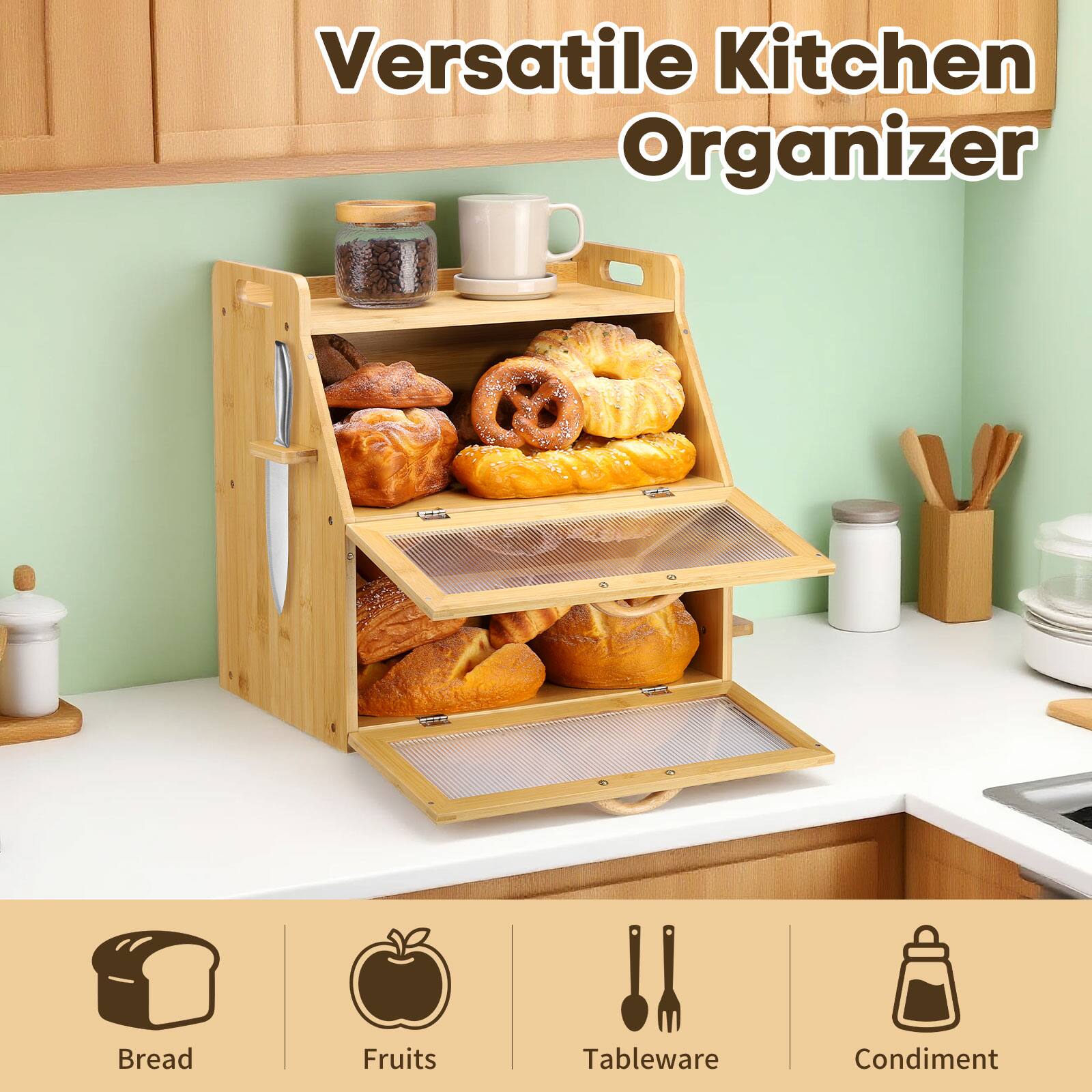 Versatile Kitchen Organizer

- Bread
- Fruits
- Tableware
- Condiment