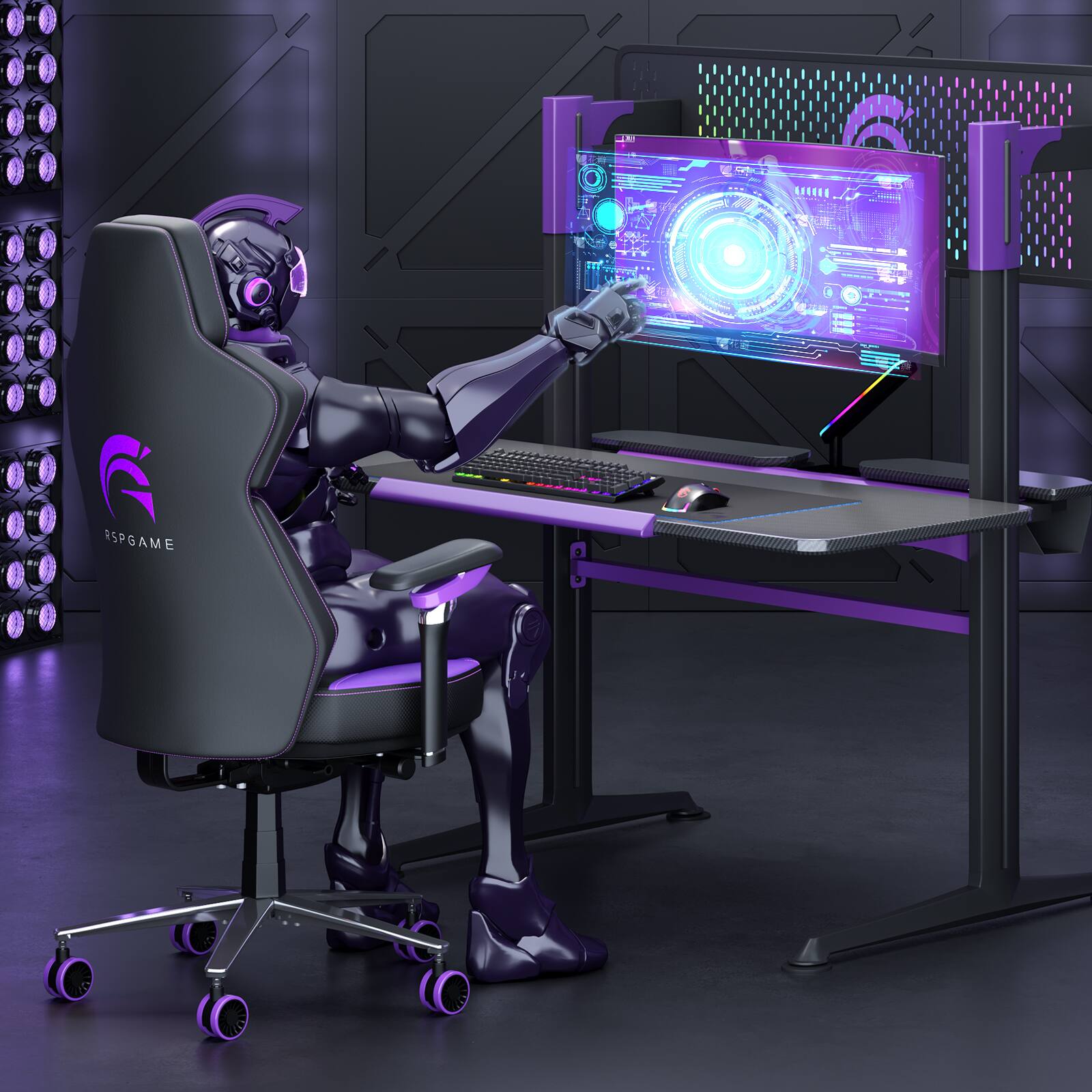 Alt View 15. RSPGAME - G Series Ergonomic Gaming Desk with Monitor Stand - Black Purple.