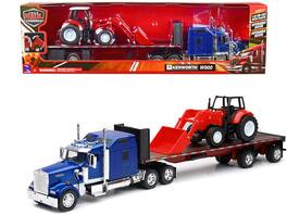 New Ray - Kenworth W900 Truck with Flatbed Trailer Blue Metallic with Farm Tractor Red "Long Haul Truckers" Series 1/32 - Blue Metallic And Red