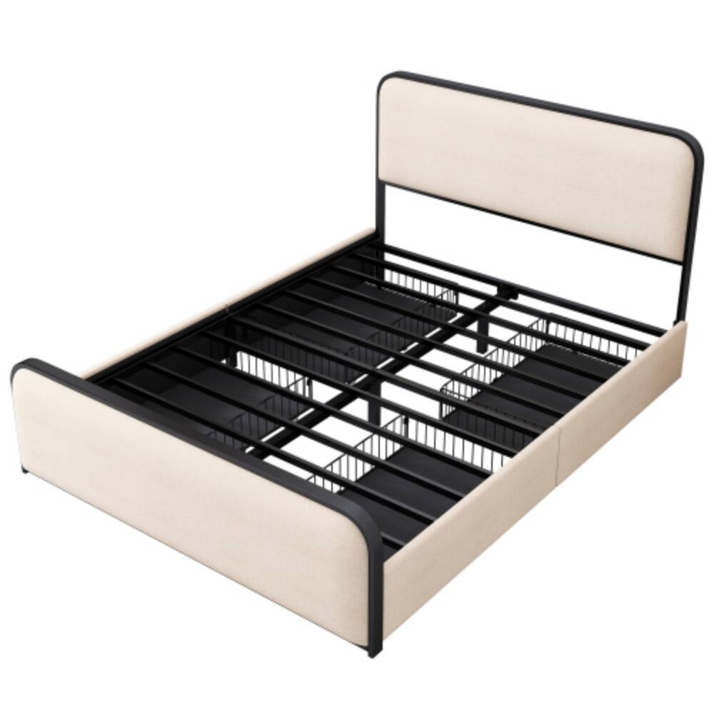 Alt View 1. LUCKY ONE - Queen Size Modern Metal Bed Frame with Curved Upholstered Headboard and Footboard, 4 Storage Drawers - Beige.