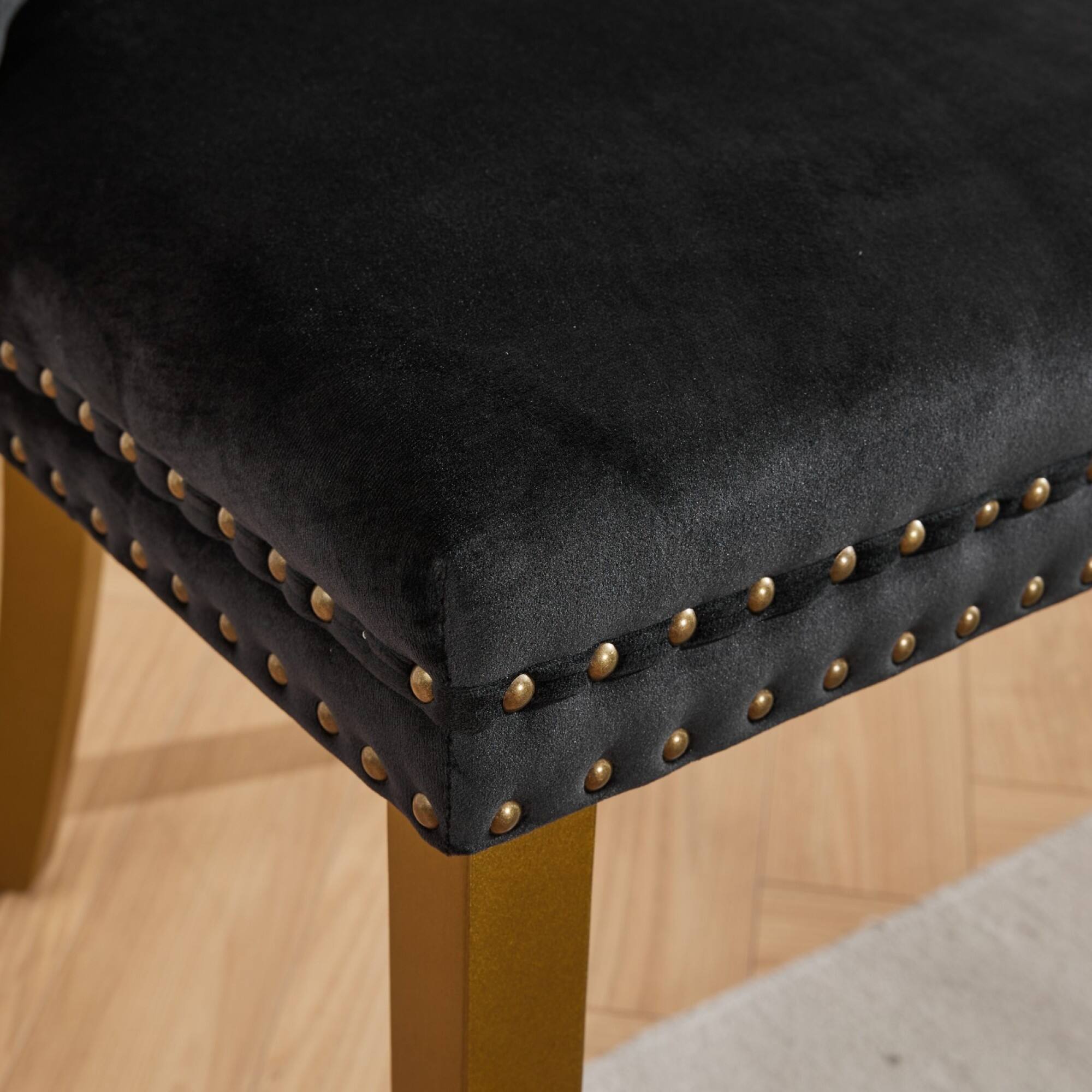 Alt View 9. GOODSILO - Modern Tufted Velvet Dining Chairs with Lion Head Pull Rings and Golden Wooden Legs, Set of 2 - Black.