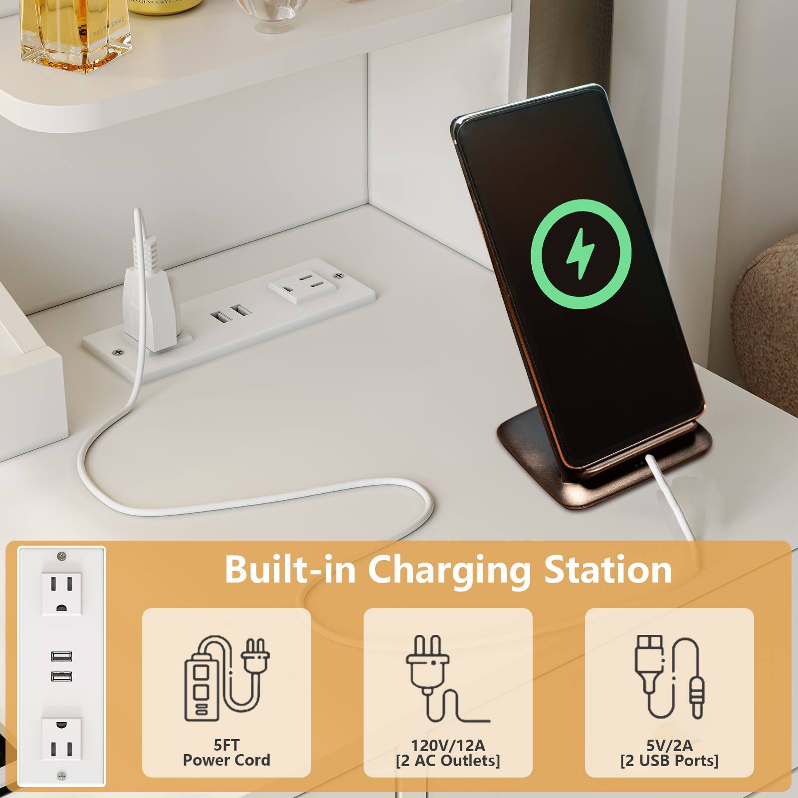 The corrected text is:

"Built-in Charging Station with 5FT Power Cord, 120V/12A [2 AC Outlets], 5V/2A [2 USB Ports]"