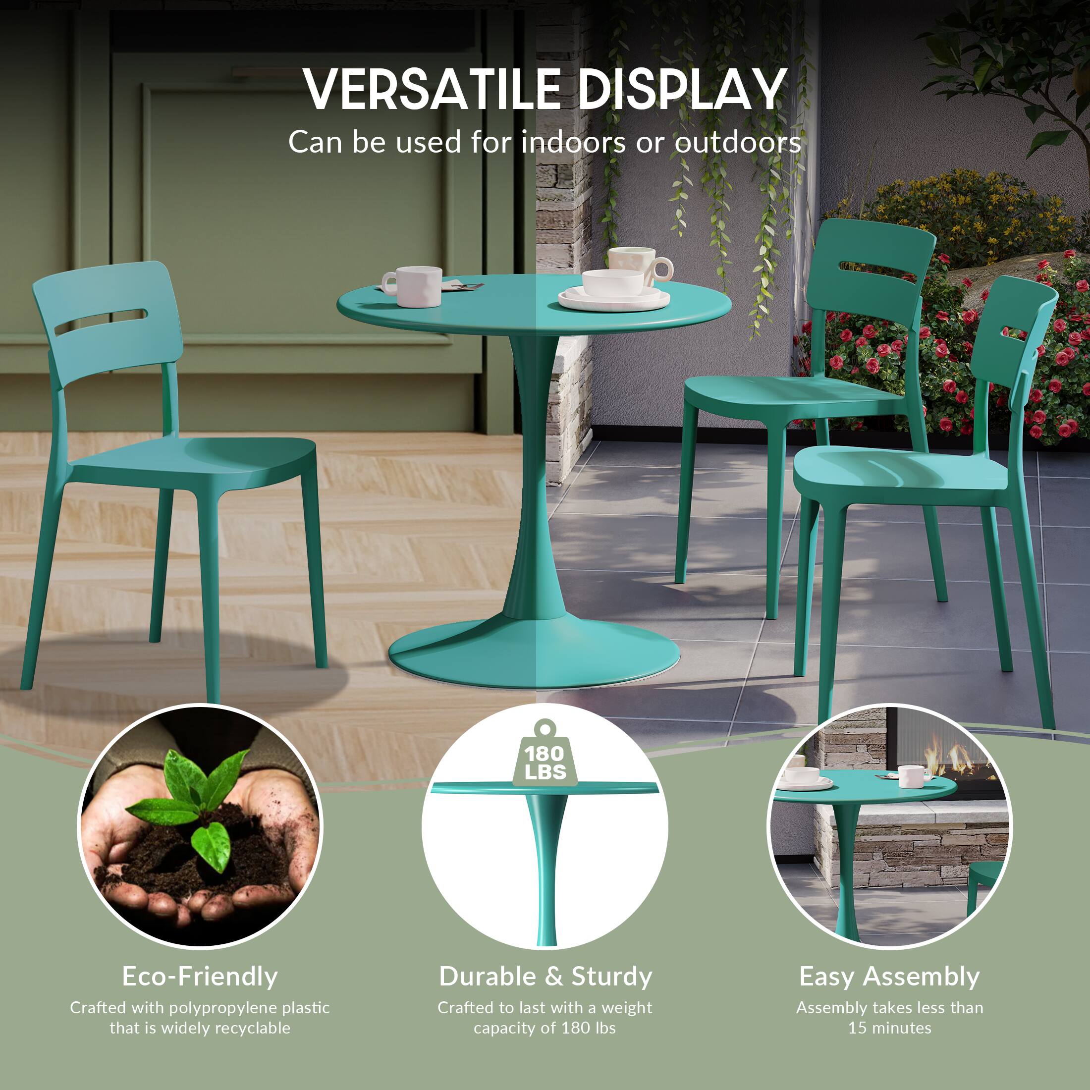 VERSATILE DISPLAY  
Can be used for indoors or outdoors  

180 LBS  
Eco-Friendly  
Crafted with polypropylene plastic that is widely recyclable  

Durable & Sturdy  
Crafted to last with a weight capacity of 180 lbs  

Easy Assembly  
Assembly takes less than 15 minutes