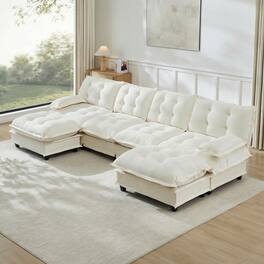 LOVMOR - 138 inch 4 Seat Chenille Sectional Couch U Shaped Modular Deep Seat Compressed Pack For Bedroom Apartment Cozy - Beige